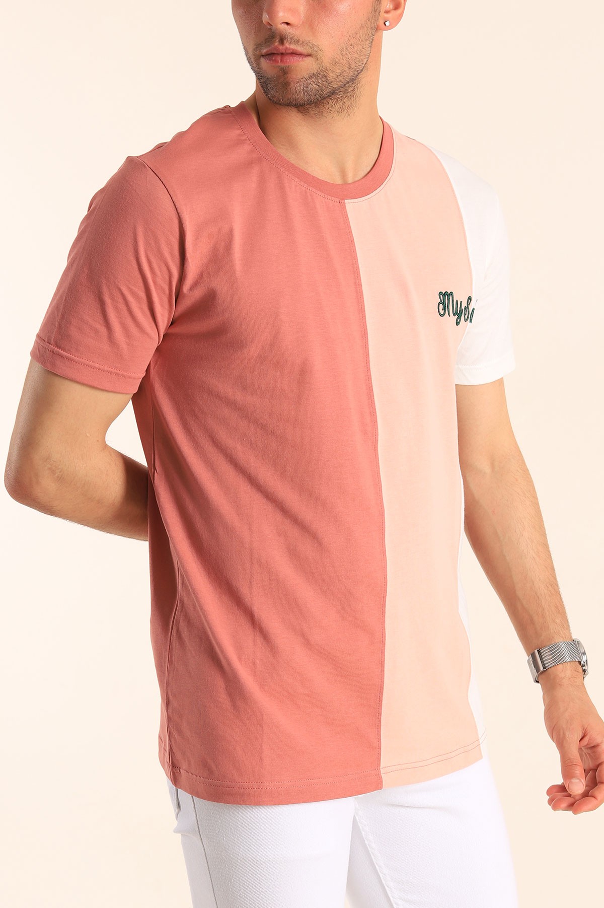 Gül Kurusu Regular Fit Dikey Şeritli Erkek Tişört 182288