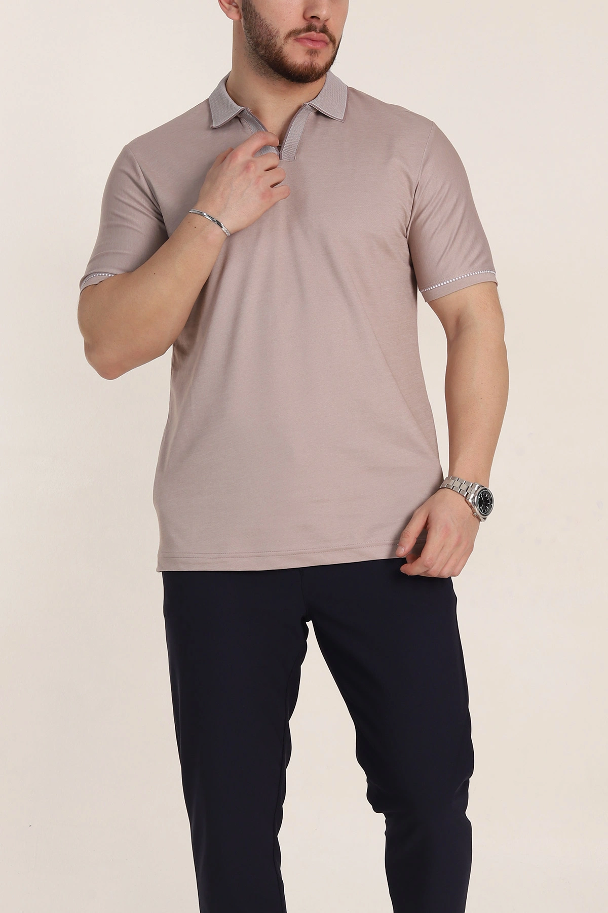 Gül Kurusu Regular Fit V Patlı Polo Yaka Erkek Tişört 349808