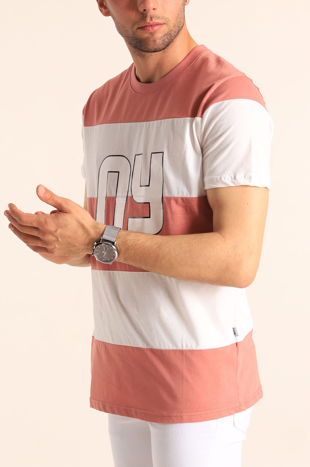 Gül Kurusu Relaxed Fit NY Baskılı Çift Renk Tişört 182269