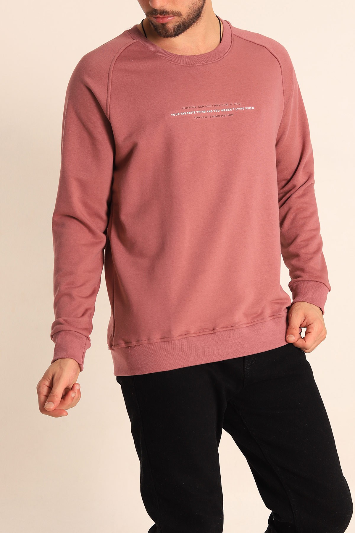 Gül Kurusu Relaxed Fit Şardonsuz Kabartma Yazılı Erkek Sweatshirt 221465