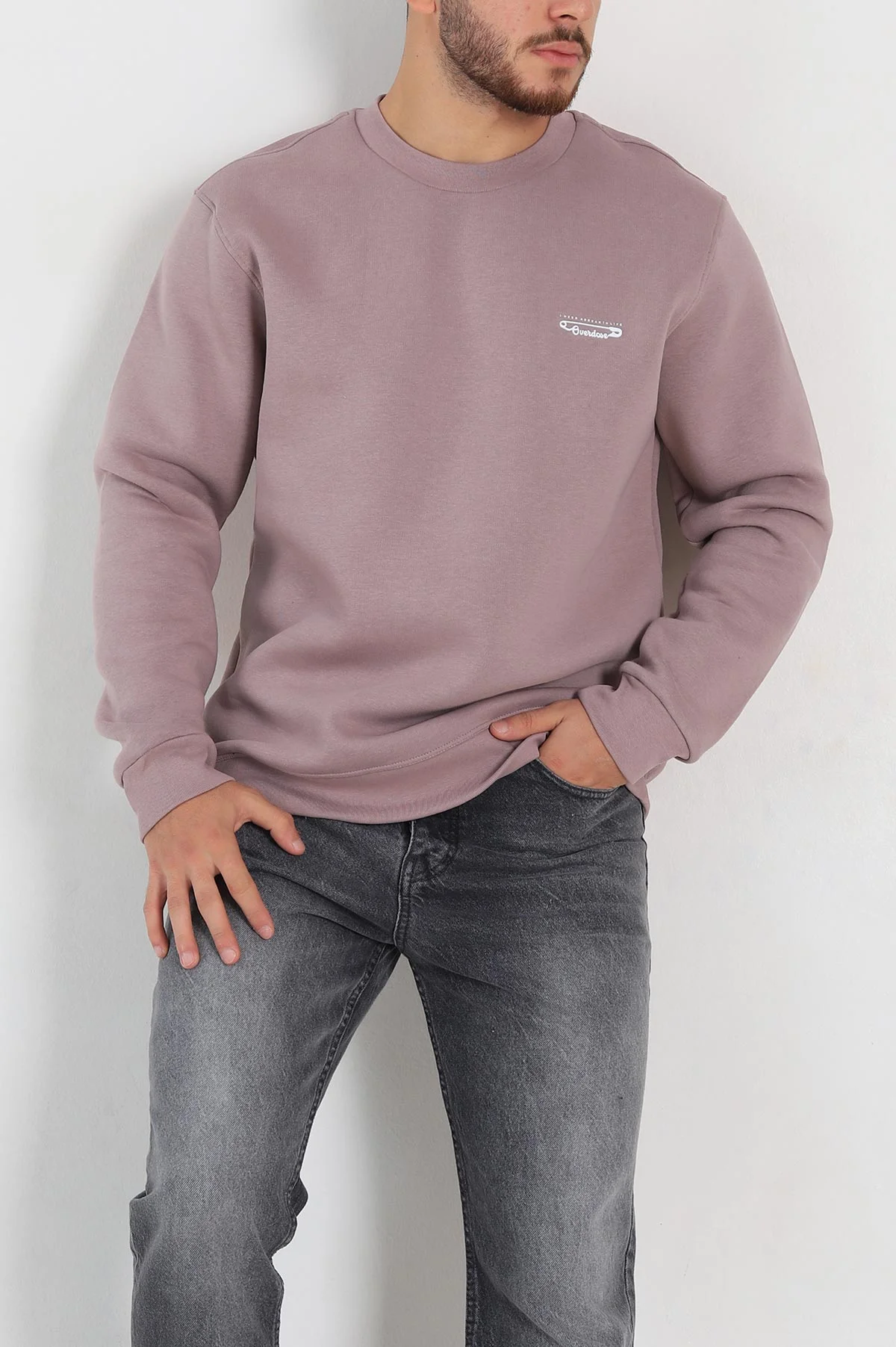 Gül Kurusu Relaxed Fit Üç İp Şardonlu Kabartma Yazı Detay Erkek Sweatshirt 310408