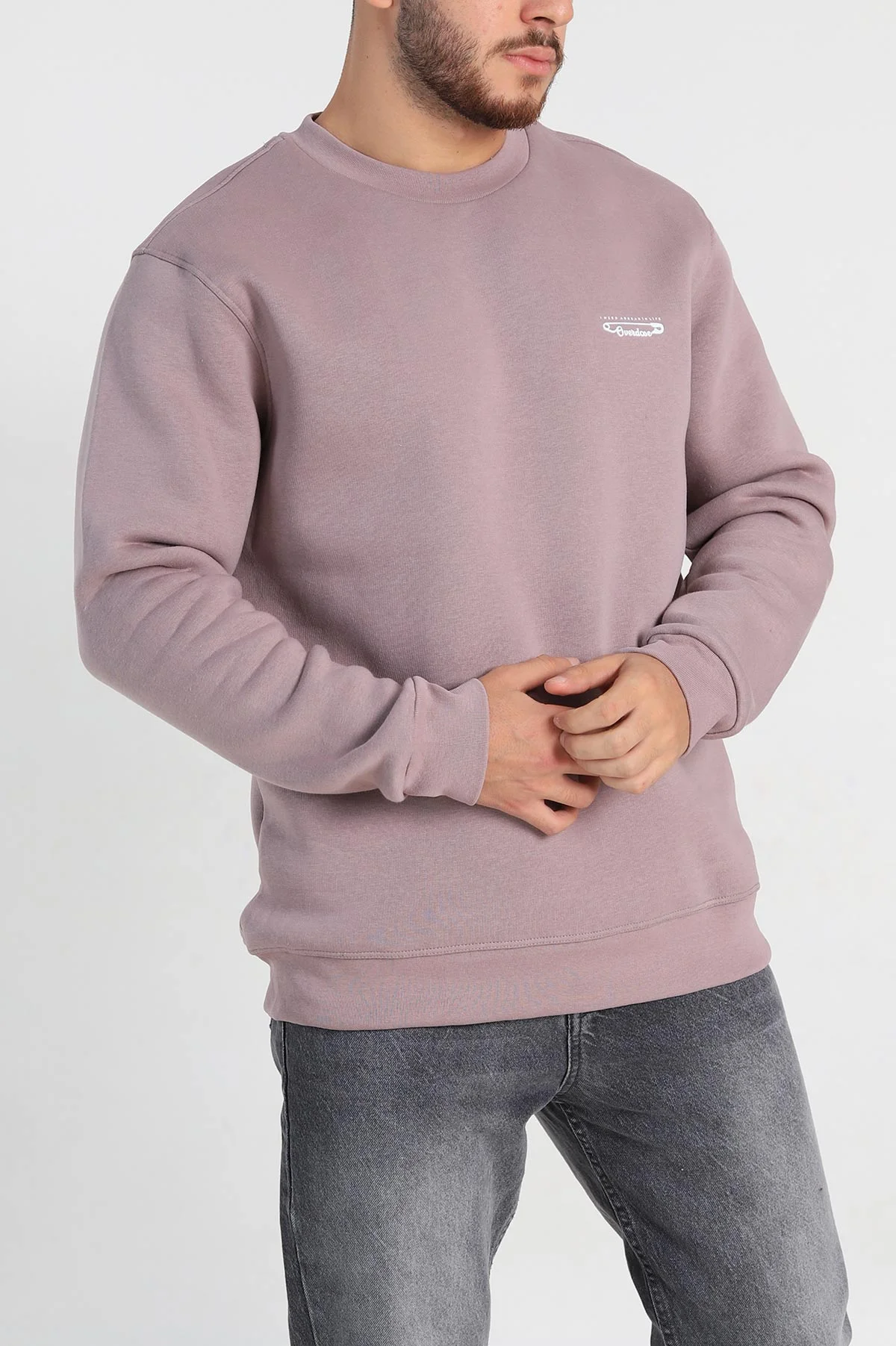 Gül Kurusu Relaxed Fit Üç İp Şardonlu Kabartma Yazı Detay Erkek Sweatshirt 310408