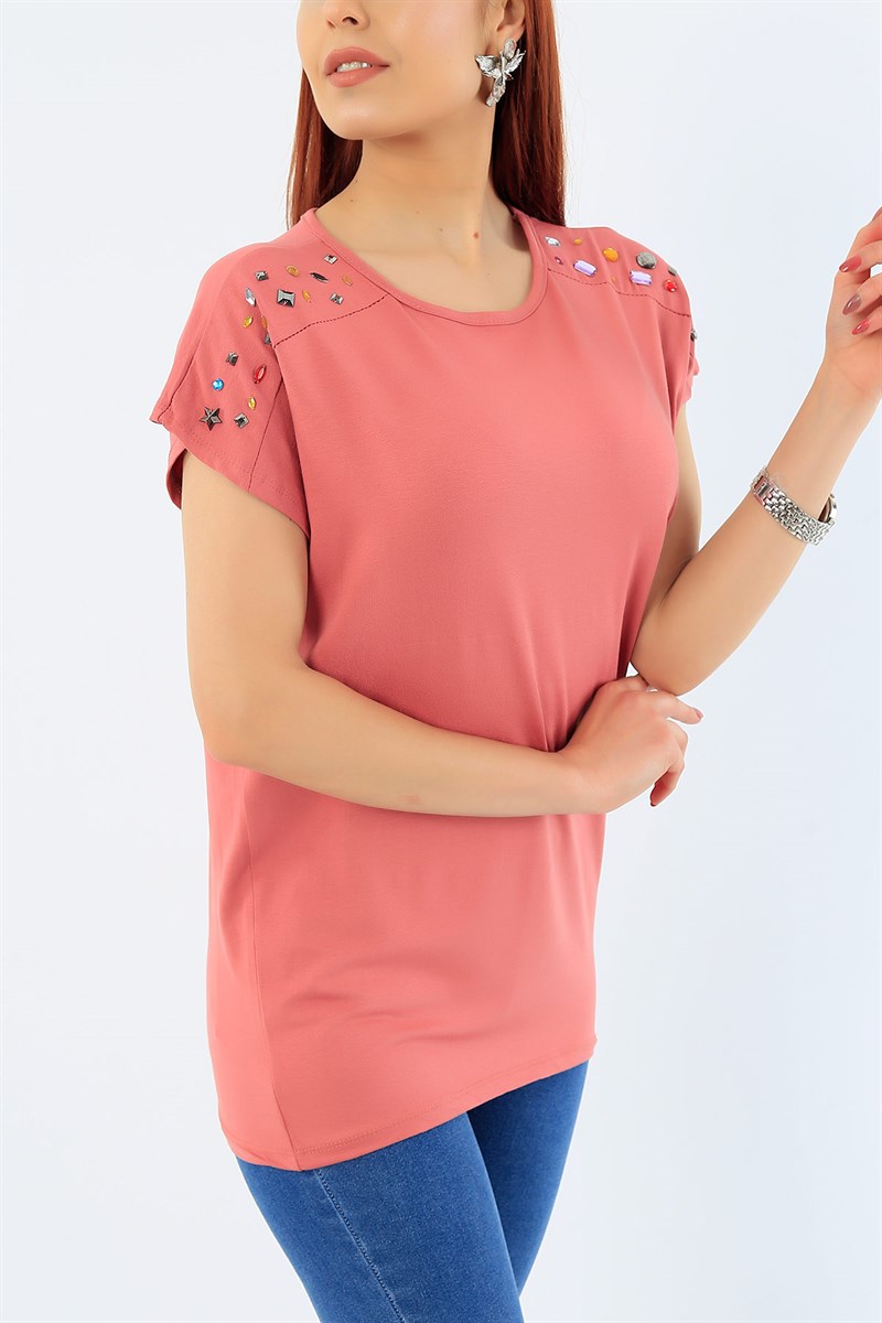 Gül Kurusu Taş İşlemeli Bluz 31860