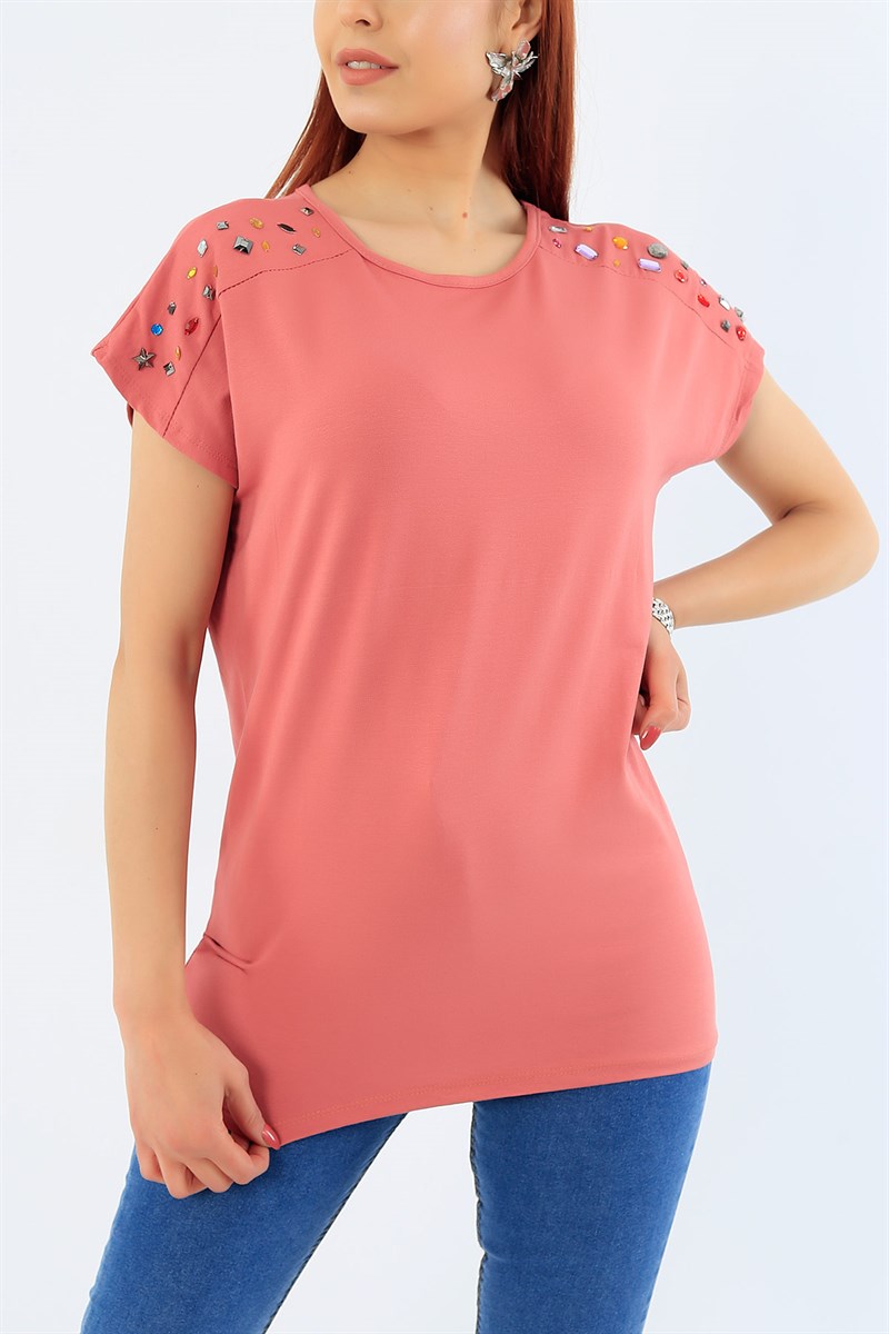 Gül Kurusu Taş İşlemeli Bluz 31860