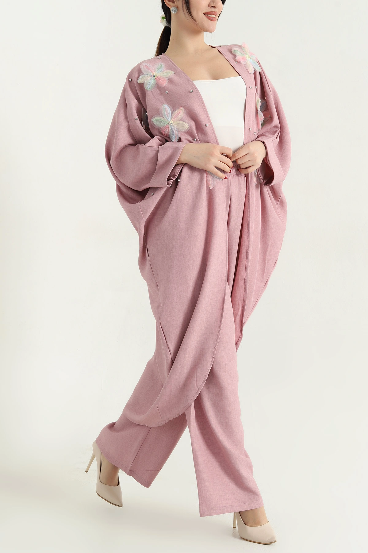 Gül Kurusu Taşlı Truvakar Kol Kimono Pantolon Aerobin Bayan İkili Takım 337952