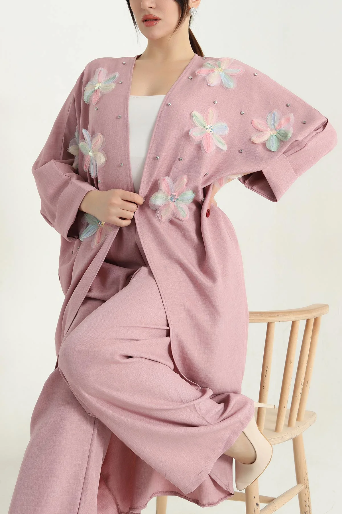 Gül Kurusu Taşlı Truvakar Kol Kimono Pantolon Aerobin Bayan İkili Takım 337952
