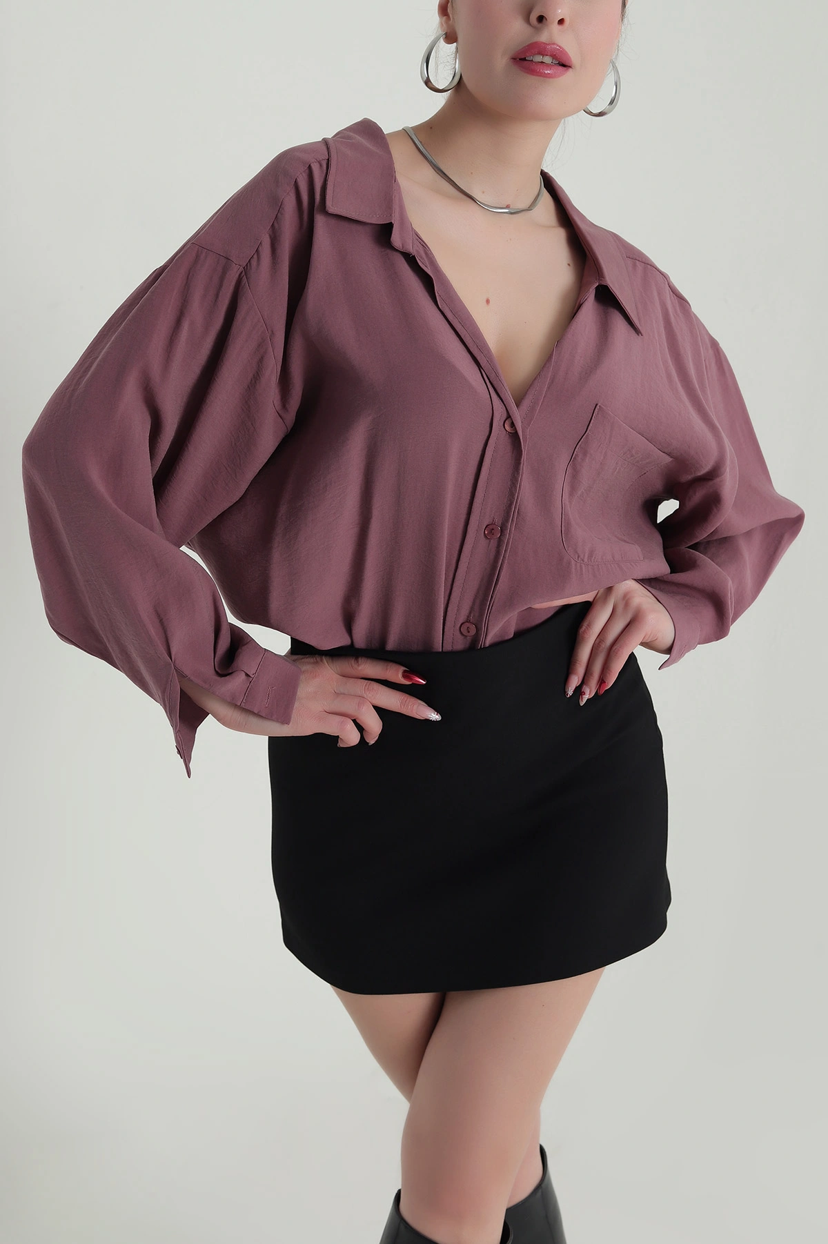 Gül Kurusu Tek Cep Düşük Omuz Modal Kadın Gömlek 425172