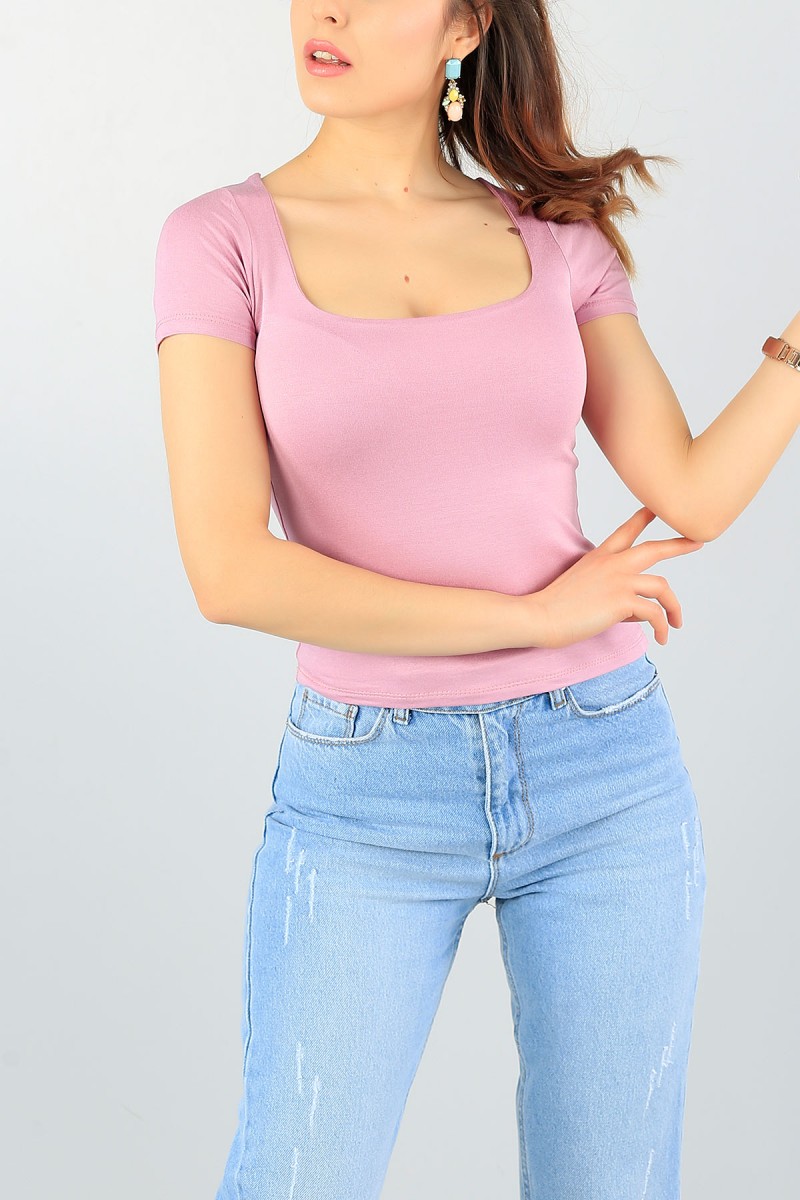 Gül Kurusu U Yaka Likralı Bayan Bluz 58769