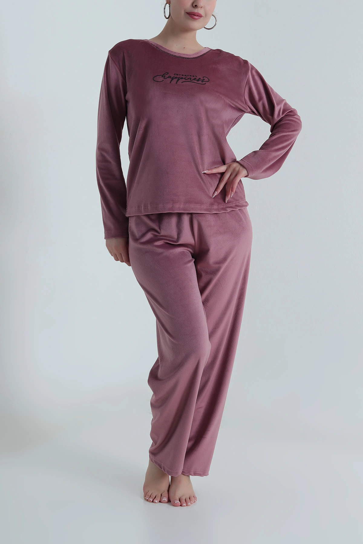 Gül Kurusu Uzun Kollu Kadife Kadın Pijama Takımı 487753