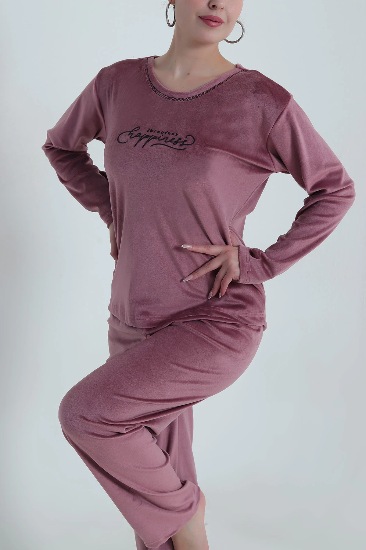 Gül Kurusu Uzun Kollu Kadife Kadın Pijama Takımı 487753