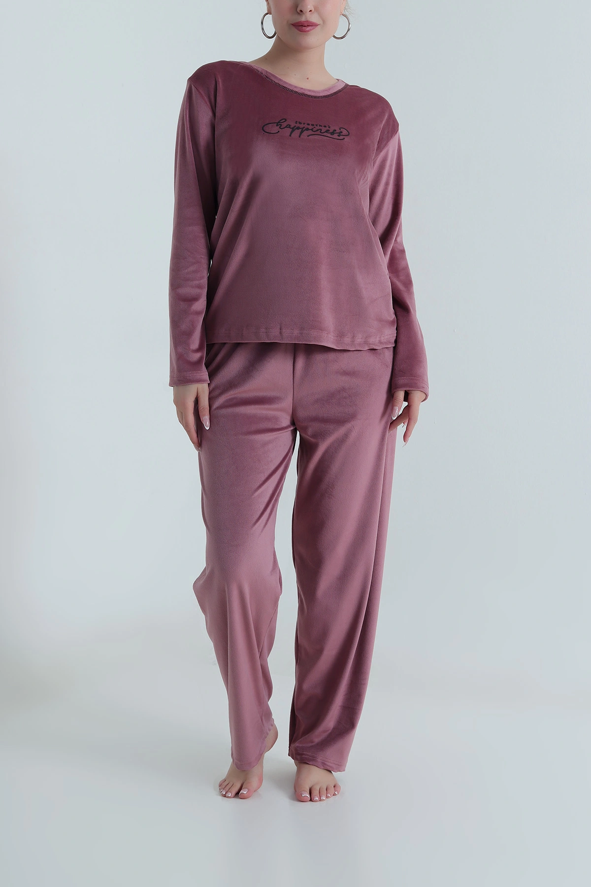 Gül Kurusu Uzun Kollu Kadife Kadın Pijama Takımı 487753