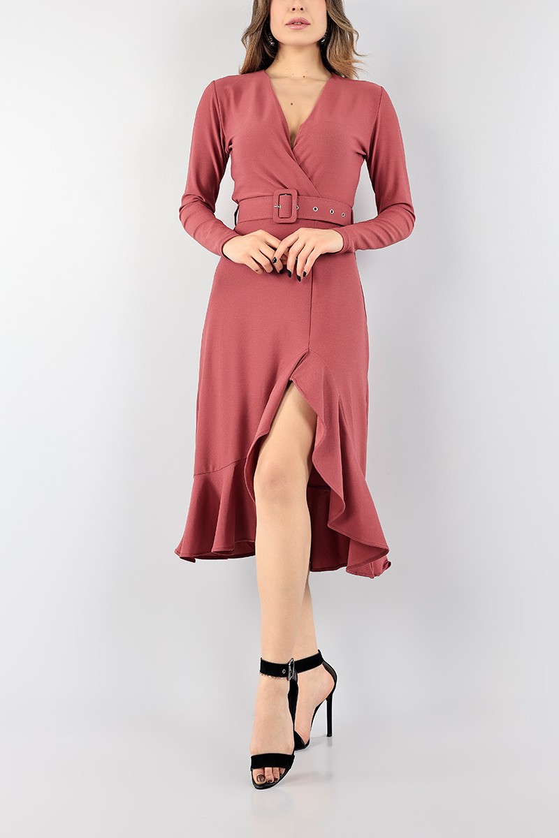 Gül Kurusu Volanlı Kruvaze Elbise 96055