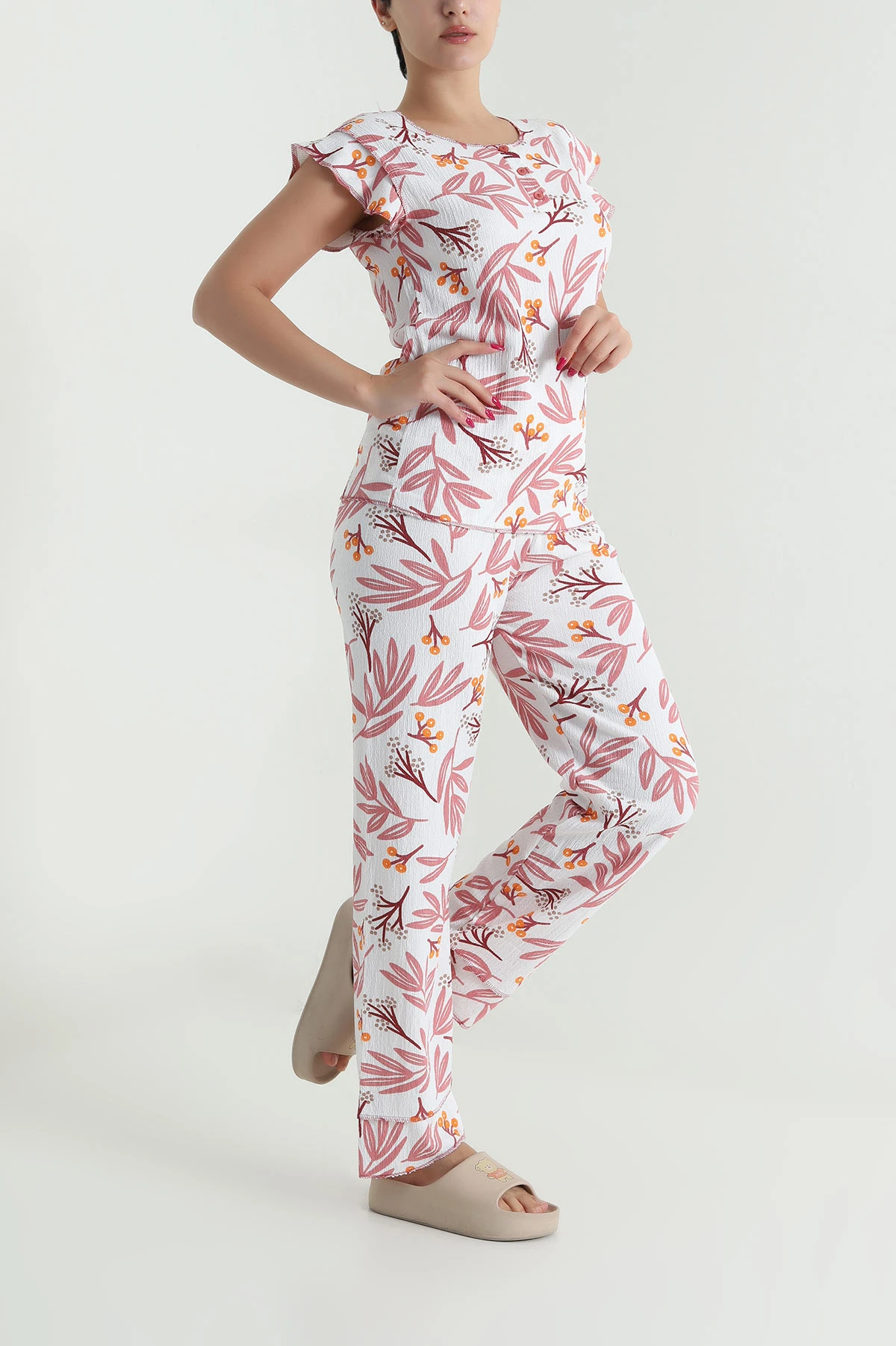 Gül Kurusu Yaka Düğmeli Bürümcük Kadın Pijama Takımı 479567