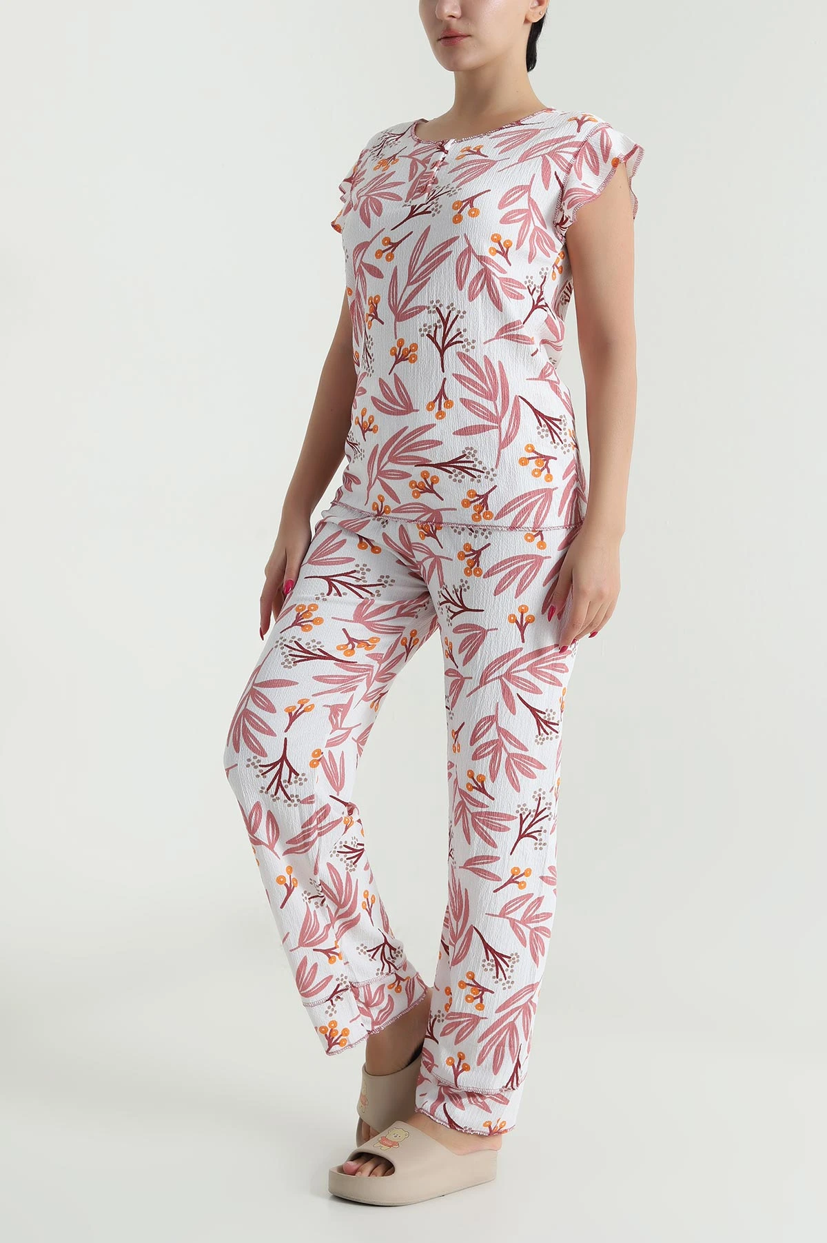 Gül Kurusu Yaka Düğmeli Bürümcük Kadın Pijama Takımı 479567
