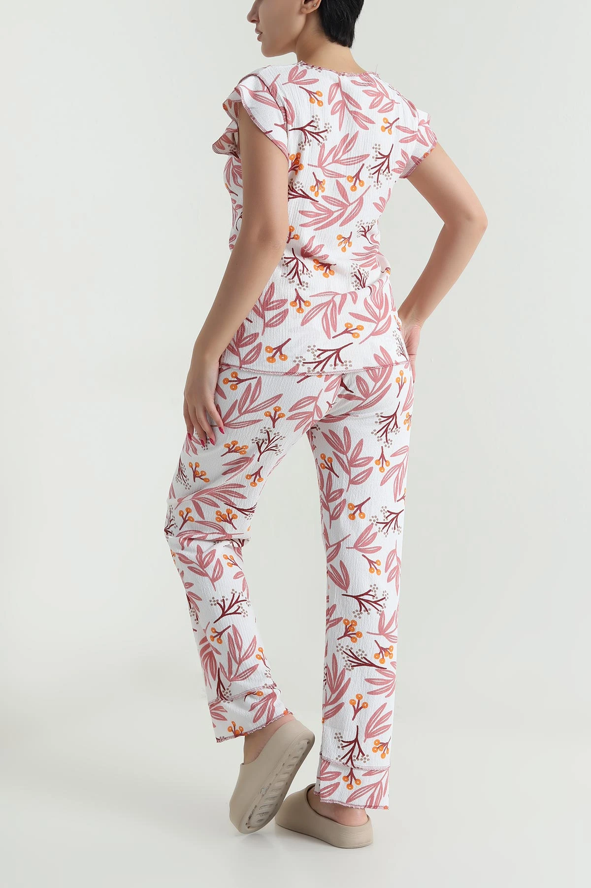 Gül Kurusu Yaka Düğmeli Bürümcük Kadın Pijama Takımı 479567