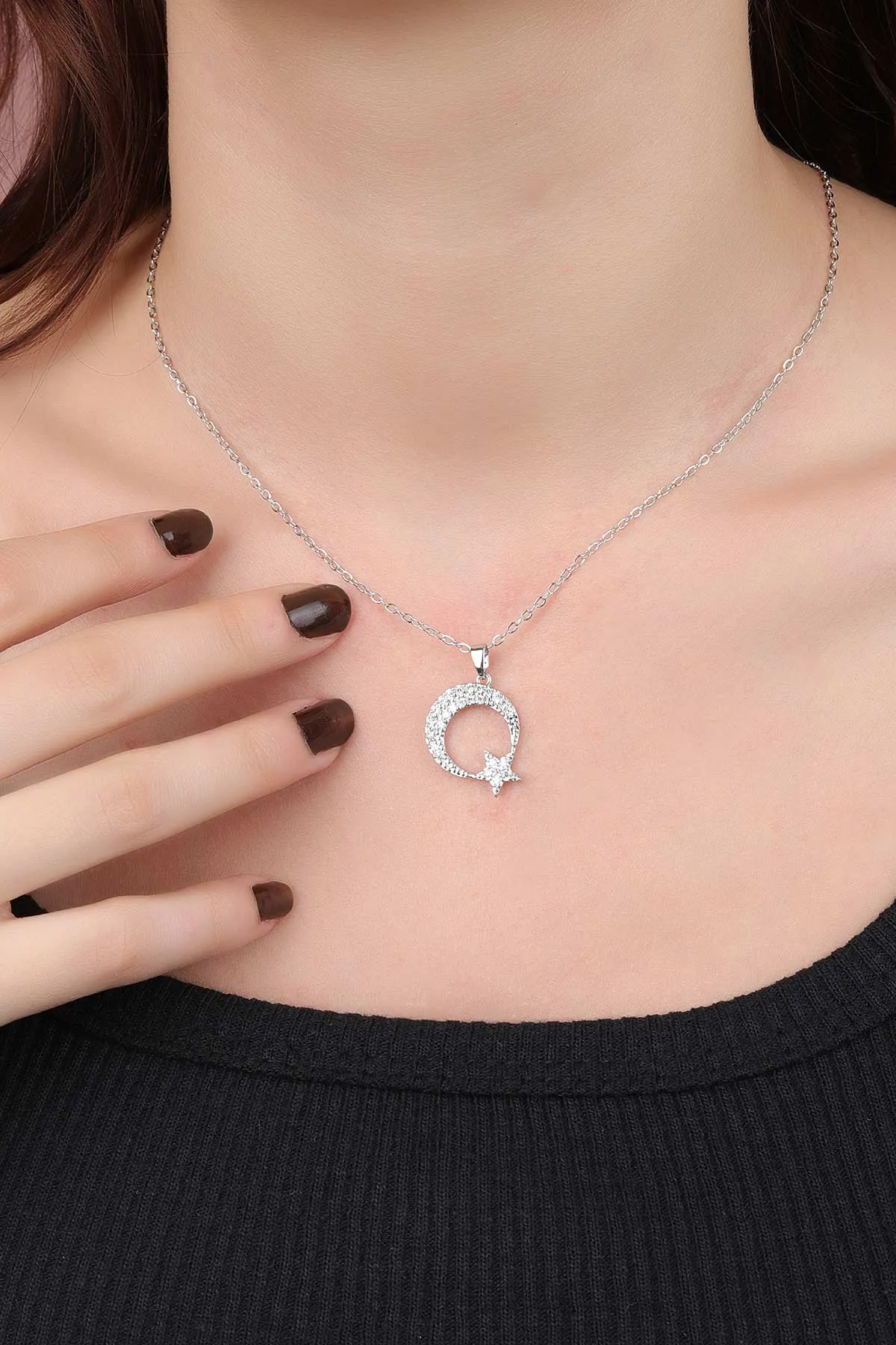 Gümüş Ayyıldız Model Zirkon Taşlı Çelik Kolye 309464