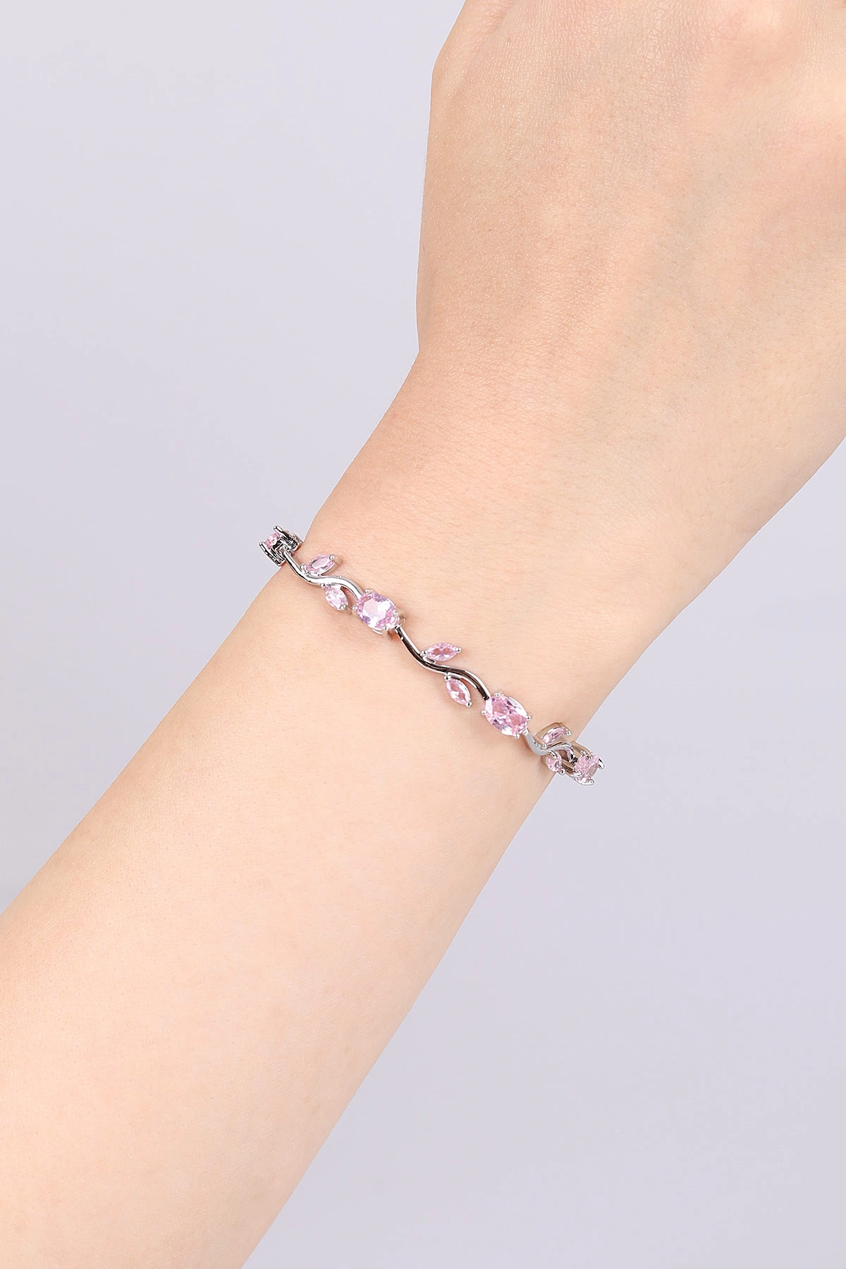 Gümüş Pembe Oval Taşlı Yapraklı Bileklik 468990