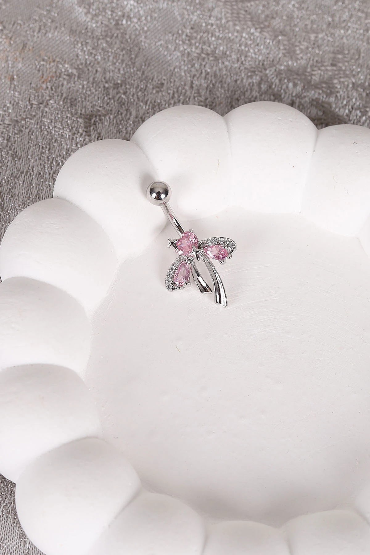 Gümüş Pembe Taşlı Fiyonk Model  Göbek Piercingi 479609