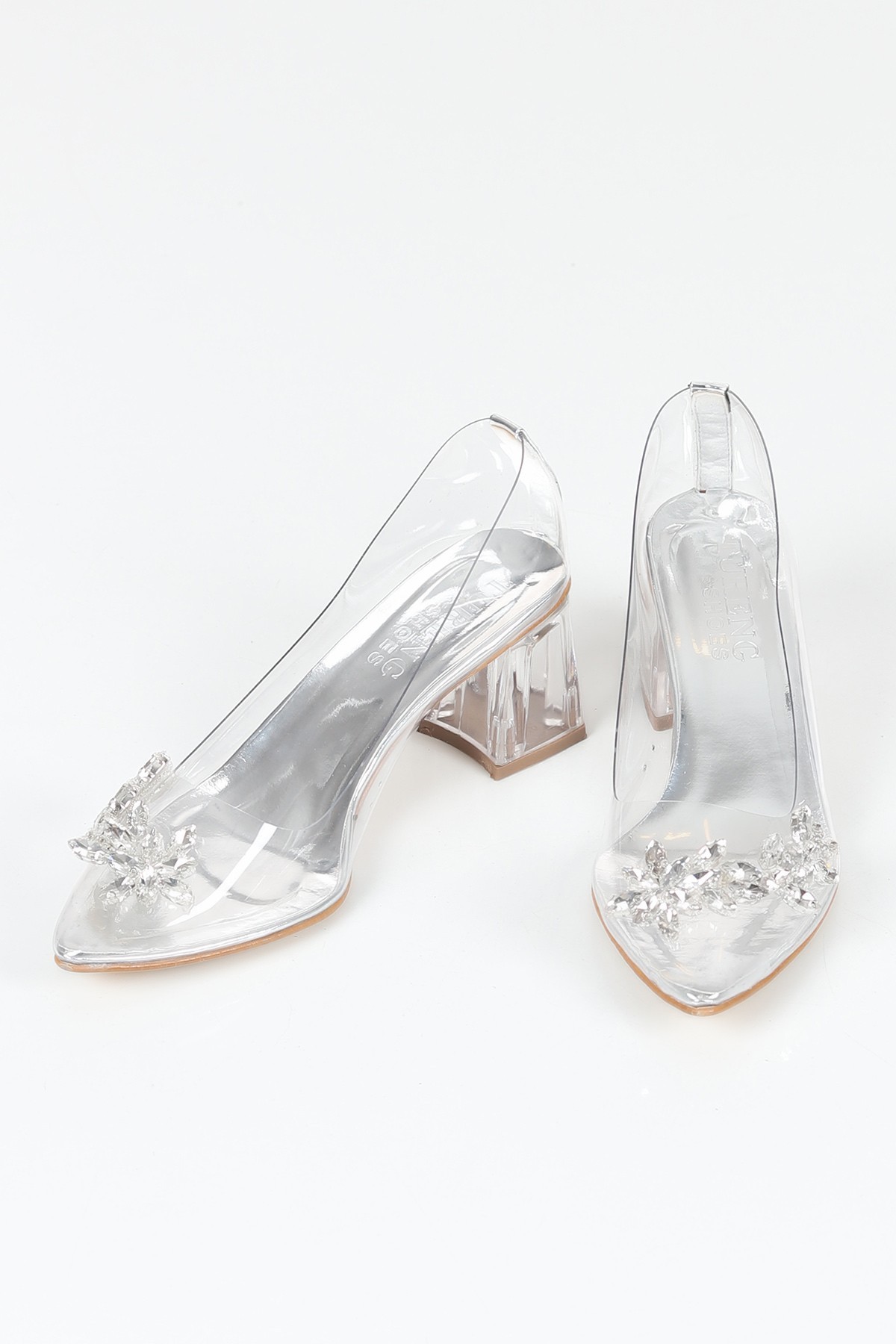 Gümüş Şeffaf Taşlı Topuklu Ayakkabı 164679