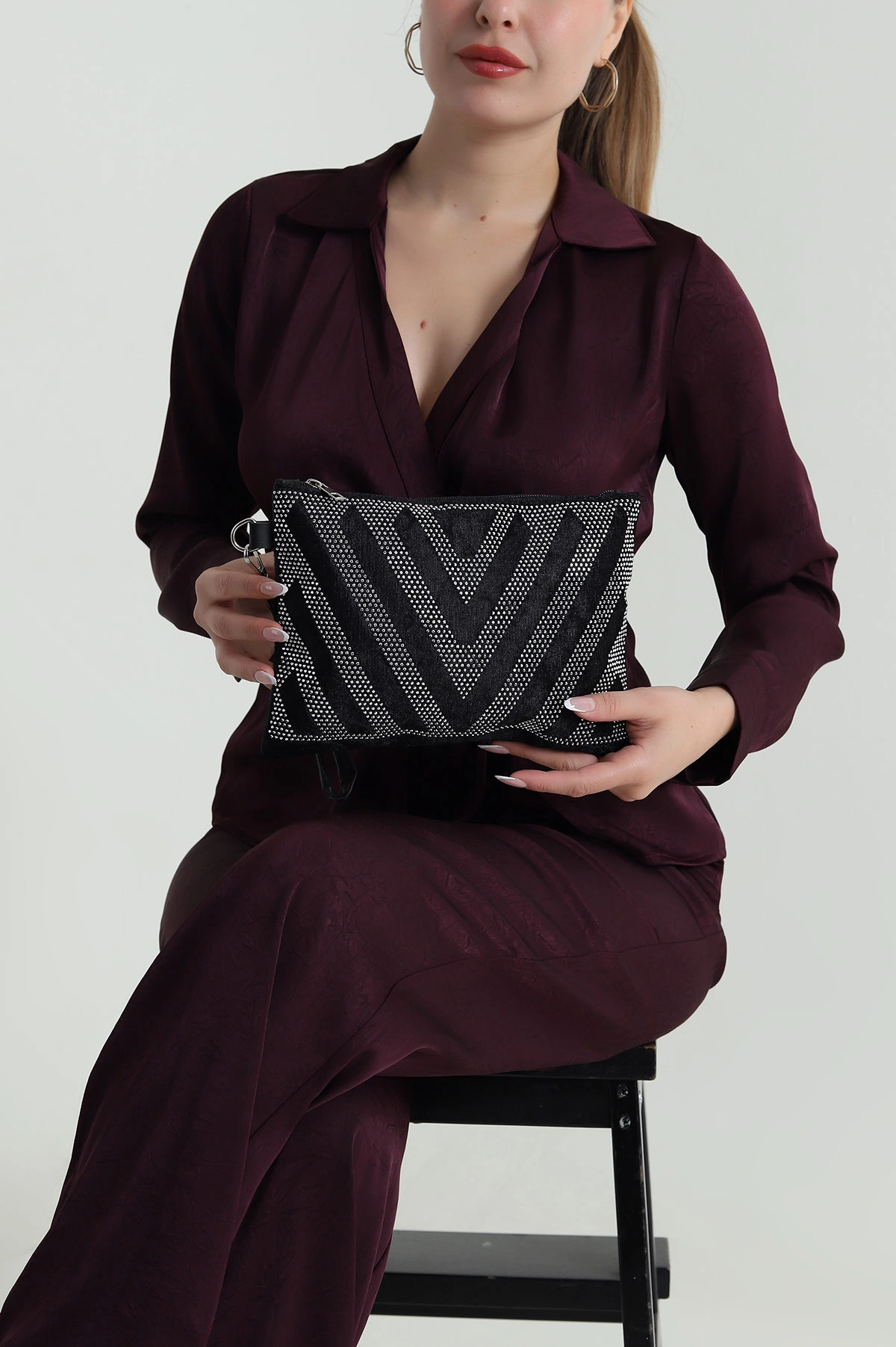 Gümüş Taş Tasarımlı Bilek Askılı Kadın El Çantası 486119