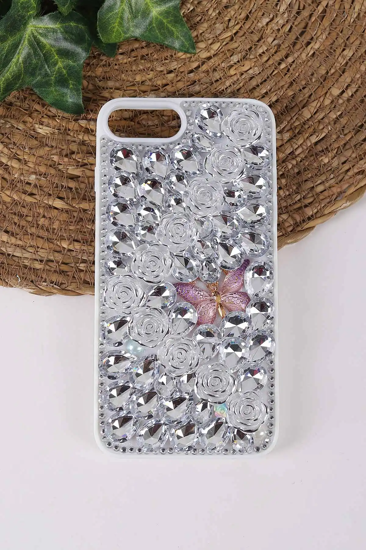Gümüş TeknoCase İPhone 7 Plus ve İPhone 8 Plus Uyumlu Daisy Case Serisi Taşlı Vakumlu Sert Silikon Telefon Kılıfı 431118