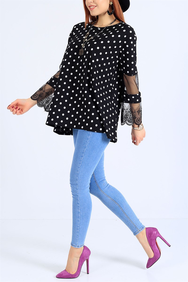 Güpür Detay Puantiyeli Siyah Bluz 25481B
