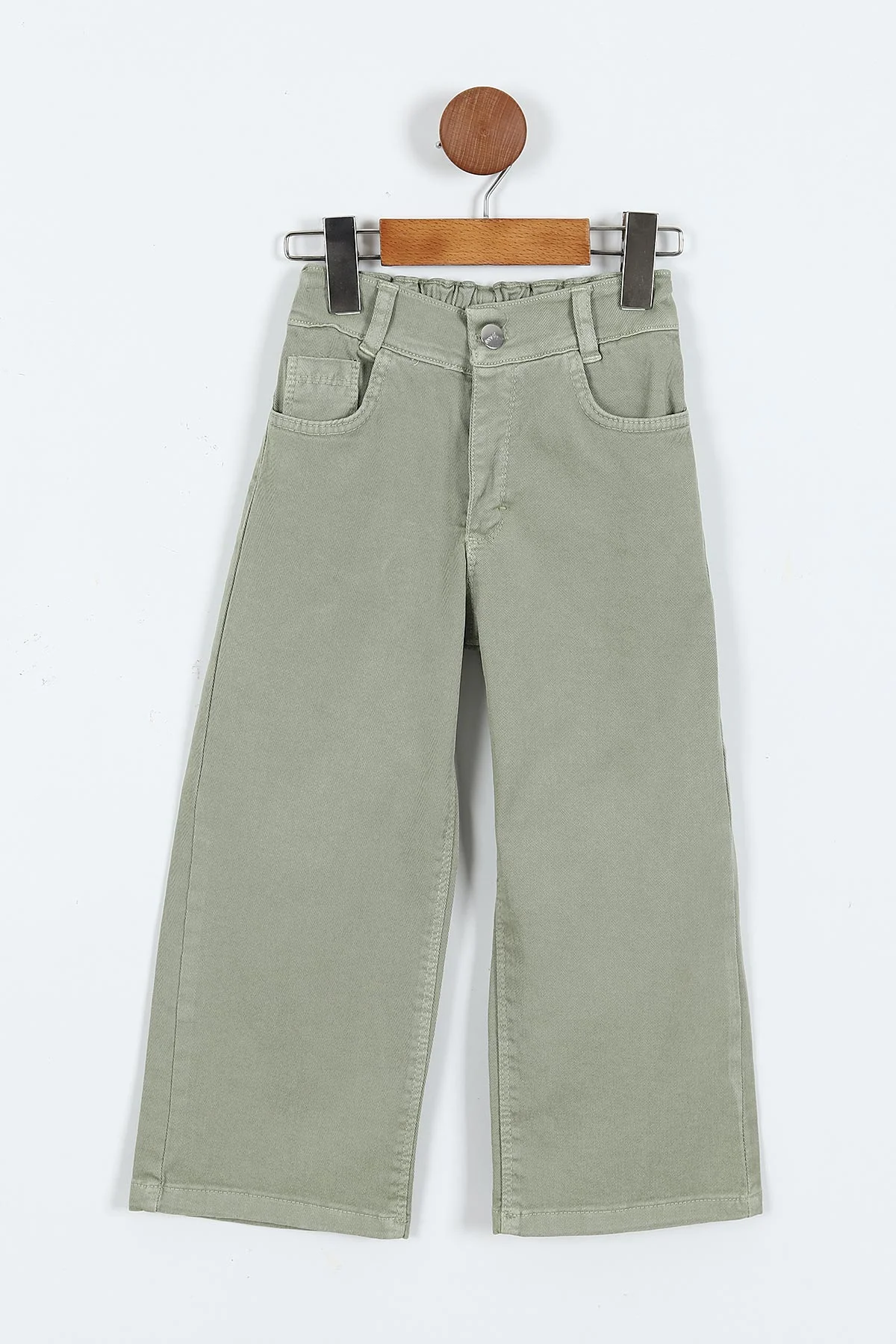 Haki (1-9 Yaş)Çiçek Nakışlı Dantel Yaka Gabardin Pantolonlu  Kız Çocuk Takım 413507
