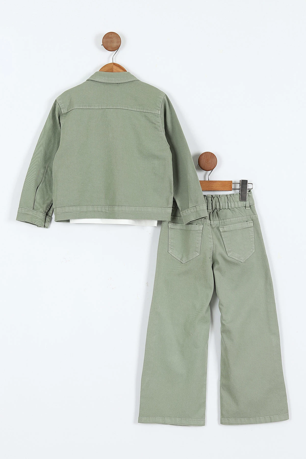 Haki (1-9 Yaş)Happy Baskılı Tişörtlü Gabardin Pantolon ve Ceketli    Kız Çocuk 3'lü Takım 413511