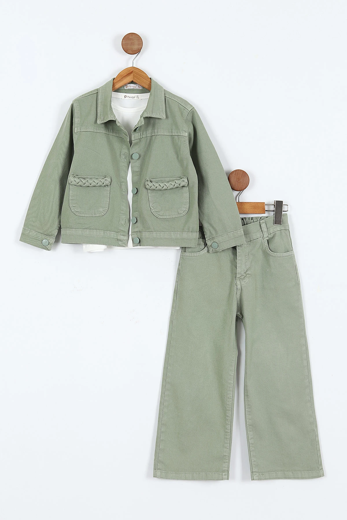 Haki (1-9 Yaş)Happy Baskılı Tişörtlü Gabardin Pantolon ve Ceketli    Kız Çocuk 3'lü Takım 413511