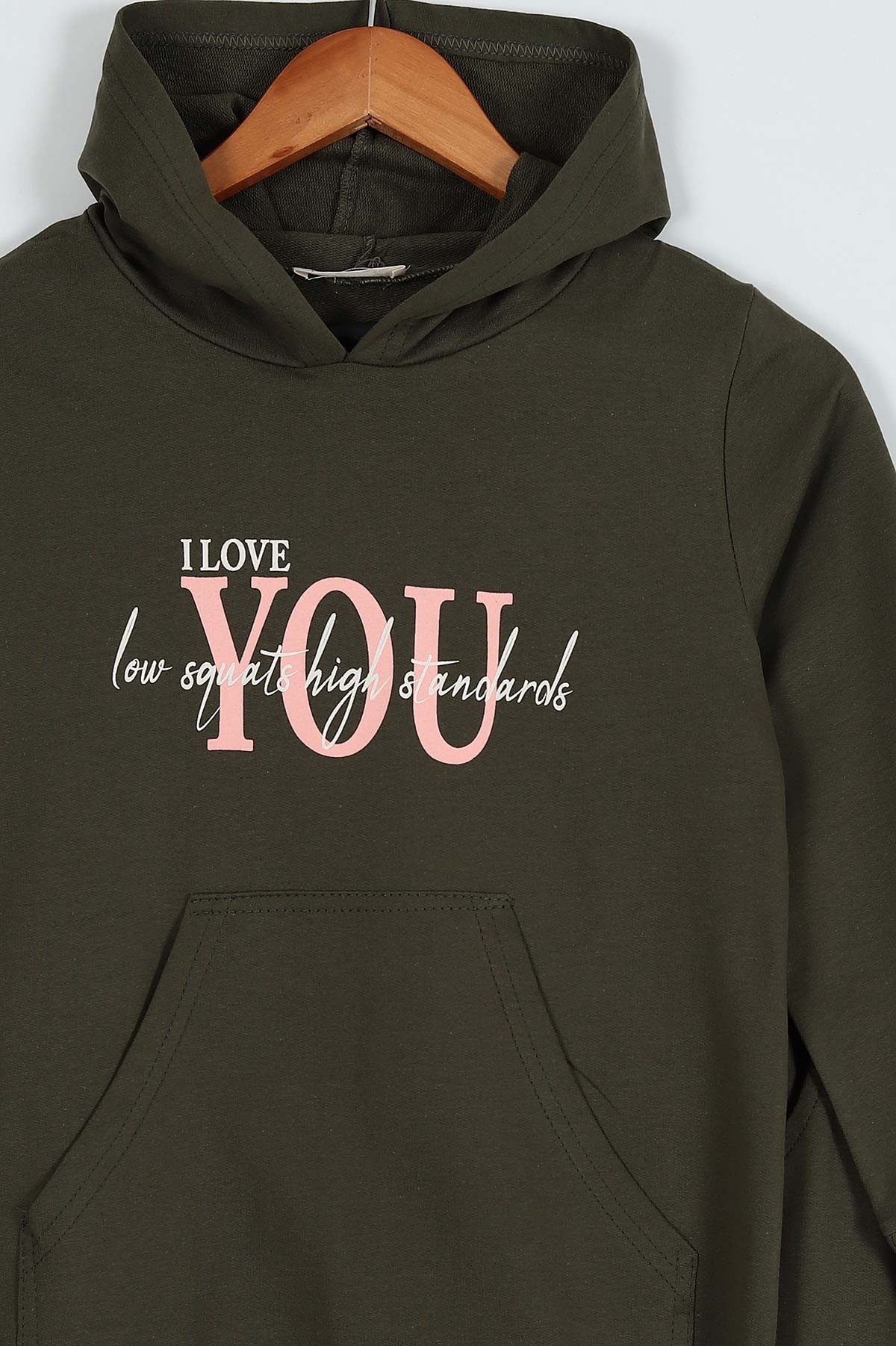 Haki (10-13 Yaş) I Love You Baskılı İki İp Kapüşonlu İspanyol Paça Kız Çocuk Takım 203149
