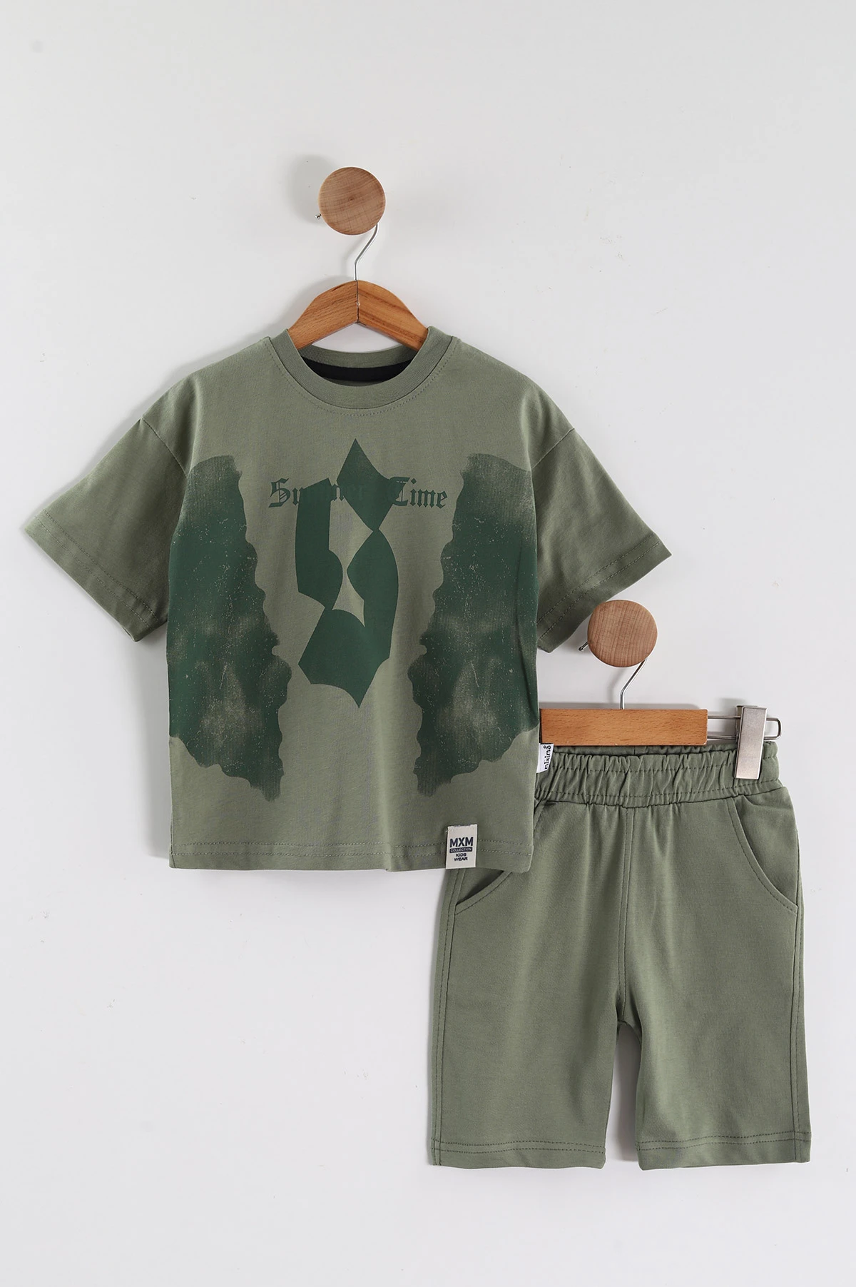 Haki (2-6 Yaş) Ön Baskılı Cepli Şortlu Erkek Çocuk Yazlık Takım 449291