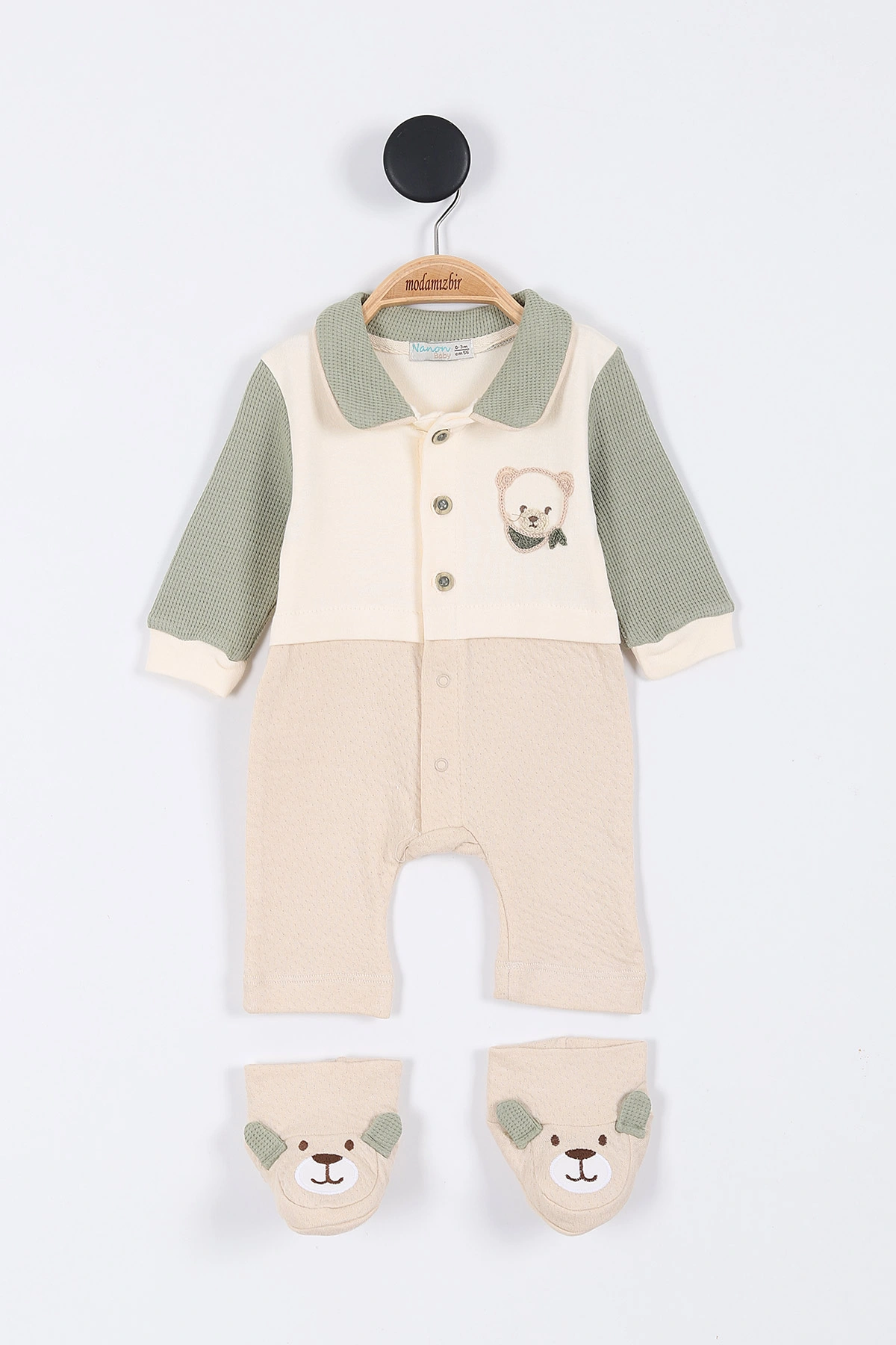 Haki (3-12 Ay) Patikli Ayı Nakışlı  Erkek Bebek Tulum 304178