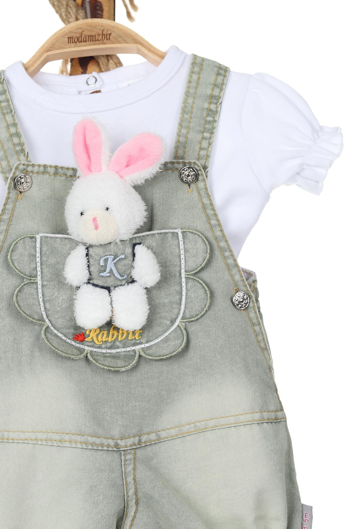 Haki (3-15 Ay) Rabbit Nakışlı Tavşan Oyuncaklı Bahçıvan Kız Bebe Takım 167642
