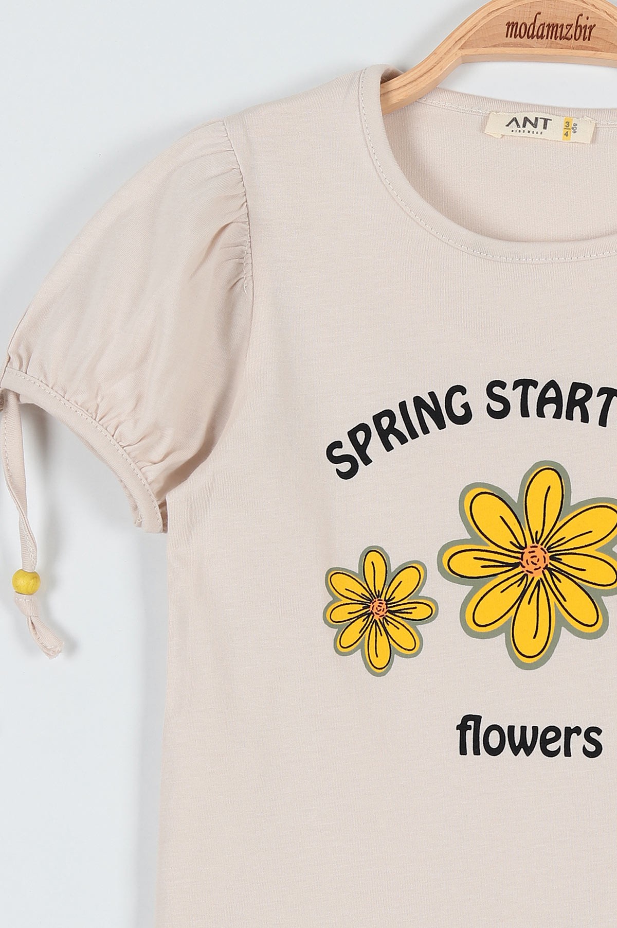 Haki (3-7 Yaş) Çiçek Flowers Baskılı Boncuklu Şortlu Kız Çocuk Takım 186314