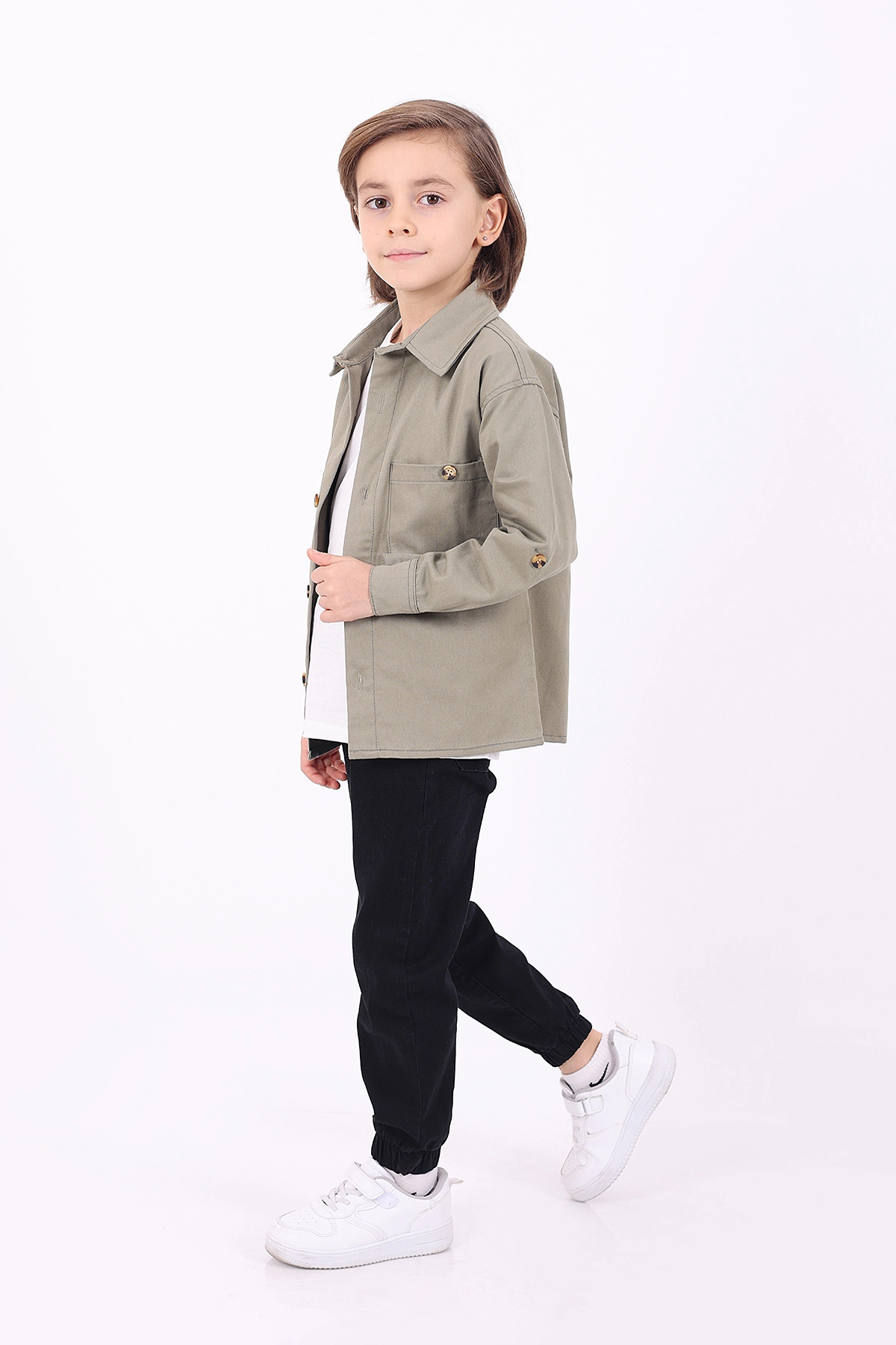 Haki (5-14 Yaş) Çift Cepli Oversize Kalıp Erkek Çocuk Gabardin Gömlek 323432