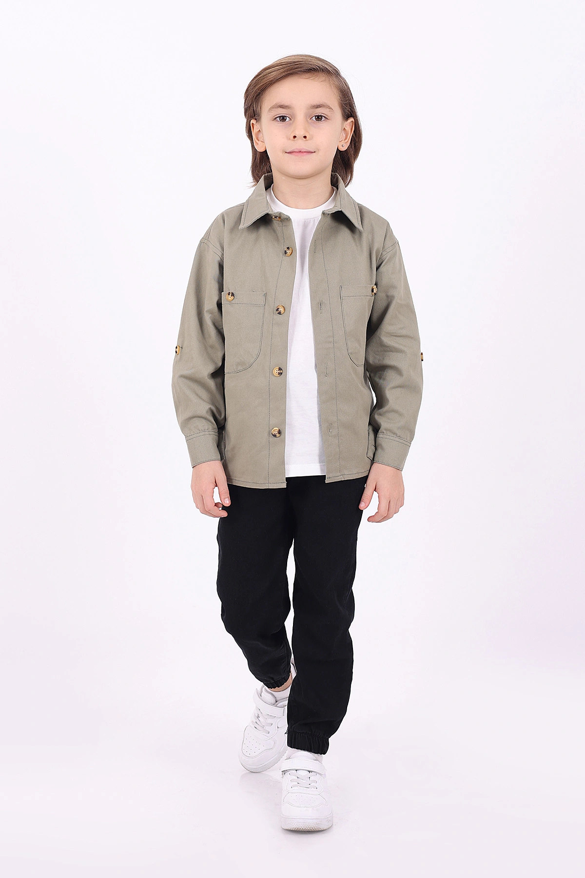 Haki (5-14 Yaş) Çift Cepli Oversize Kalıp Erkek Çocuk Gabardin Gömlek 323432