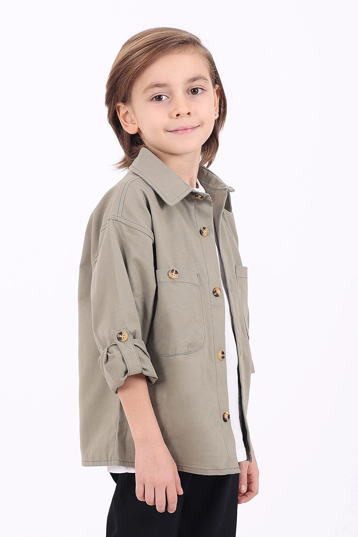 Haki (5-14 Yaş) Çift Cepli Oversize Kalıp Erkek Çocuk Gabardin Gömlek 323432
