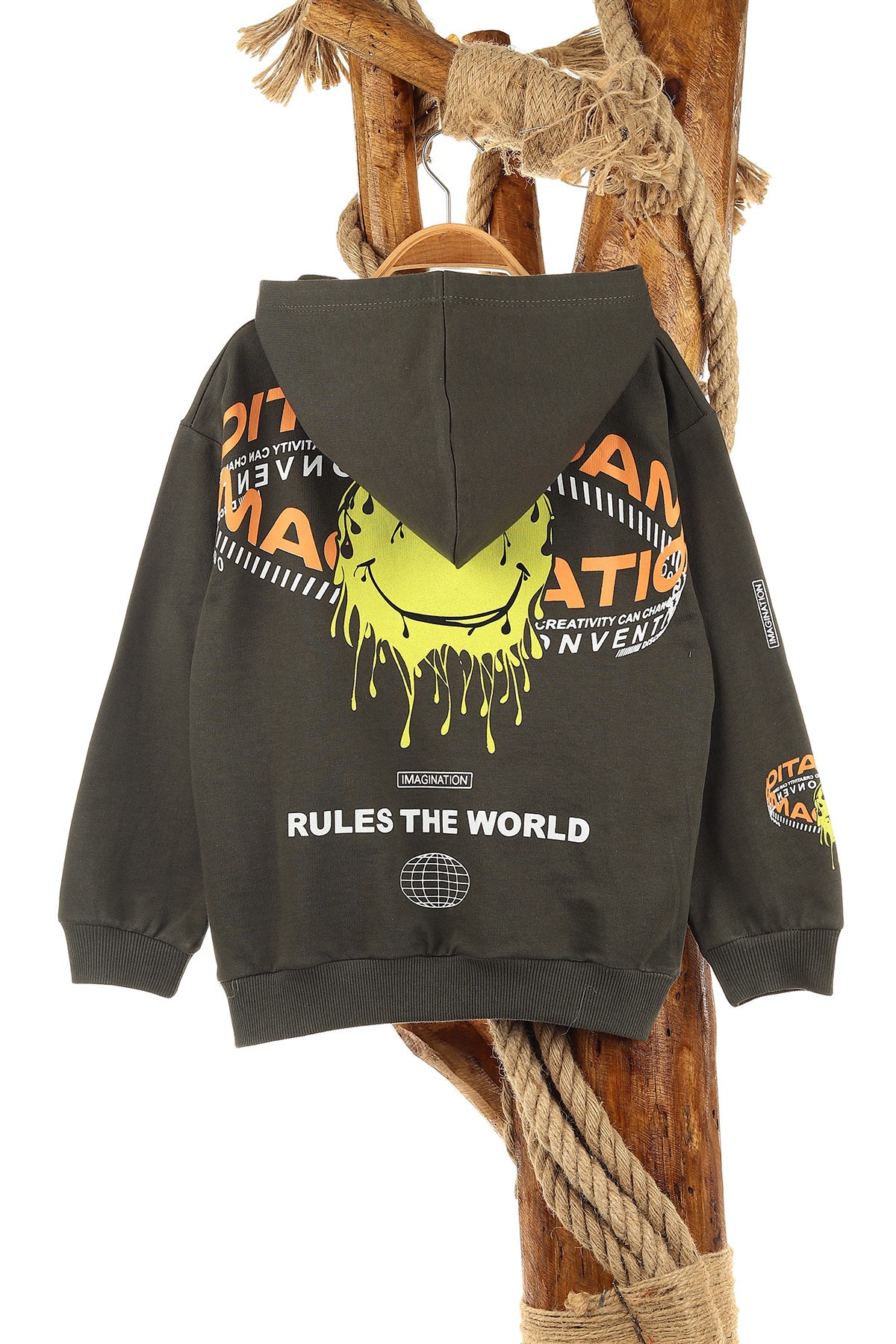 Haki (5-8 Yaş) Feel Happy Baskılı Kapüşonlu  Mevsimlik Erkek Çocuk Sweat 157152