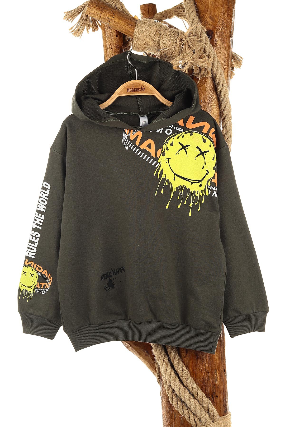 Haki (5-8 Yaş) Feel Happy Baskılı Kapüşonlu  Mevsimlik Erkek Çocuk Sweat 157152
