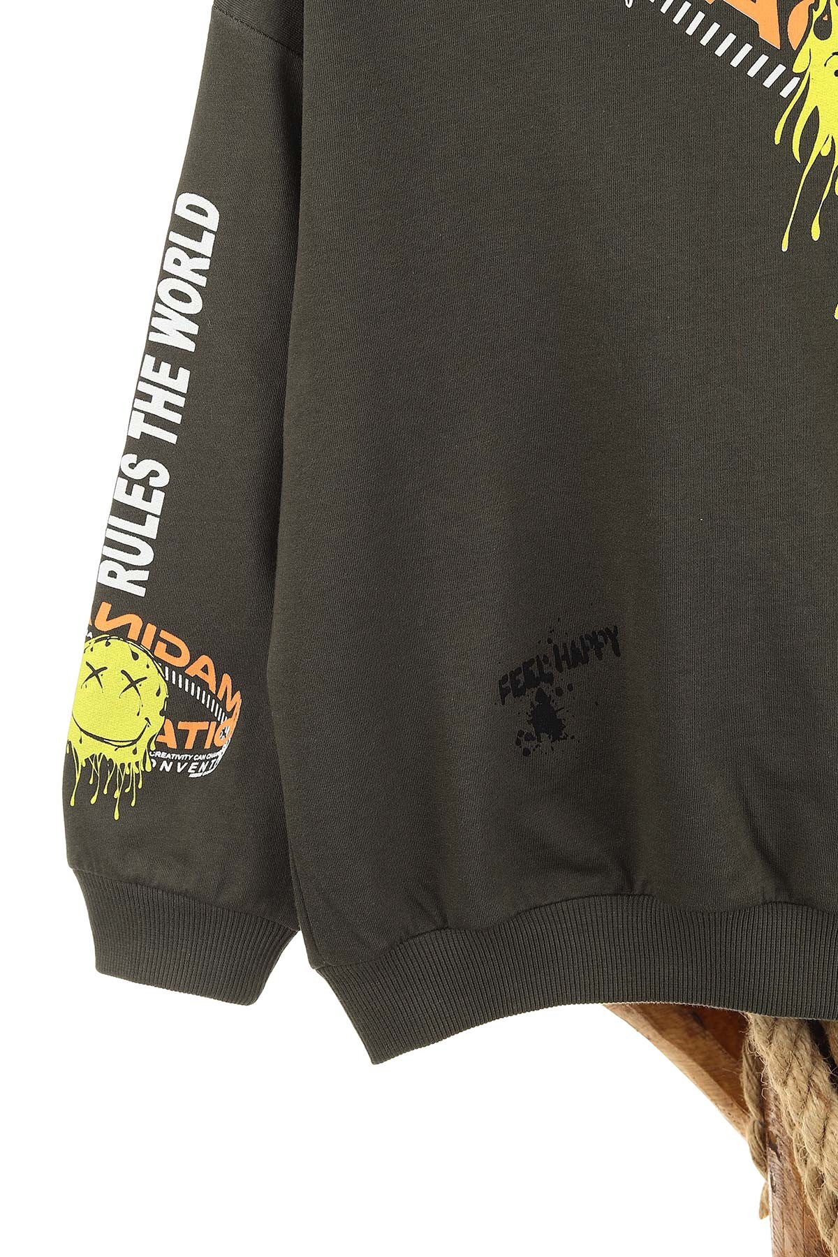 Haki (5-8 Yaş) Feel Happy Baskılı Kapüşonlu  Mevsimlik Erkek Çocuk Sweat 157152