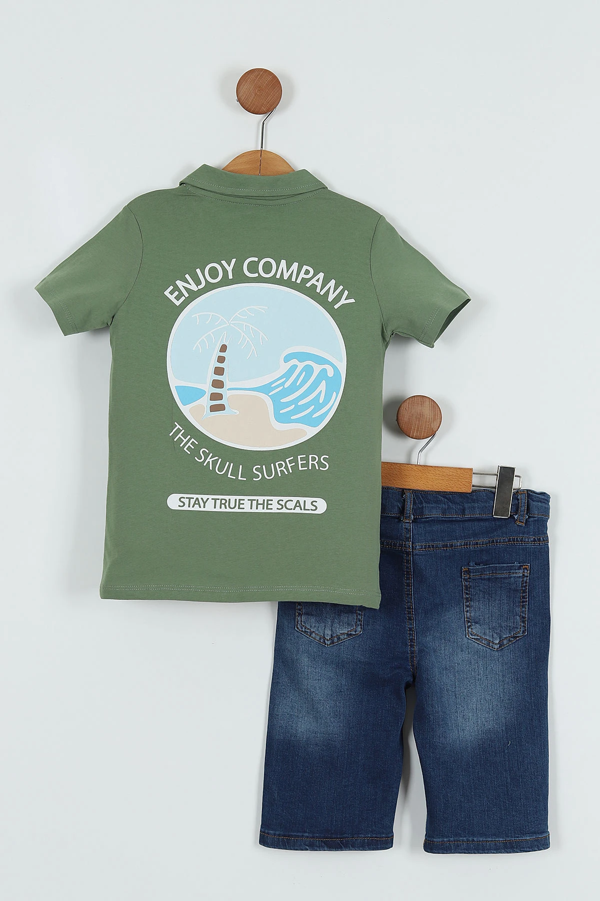 Haki (6-9 Yaş) Enjoy Baskılı Kot Şortlu Erkek Çocuk Takım 259845