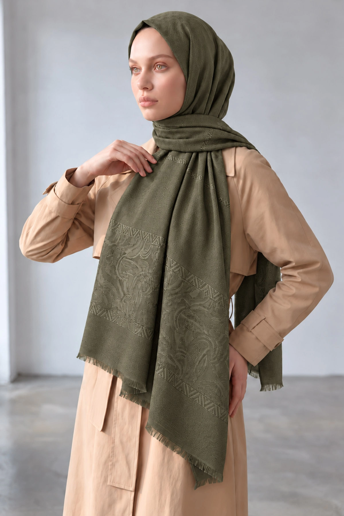 Haki 70x180 Cm Elara Premium Jakarlı Pamuk Şal 494276