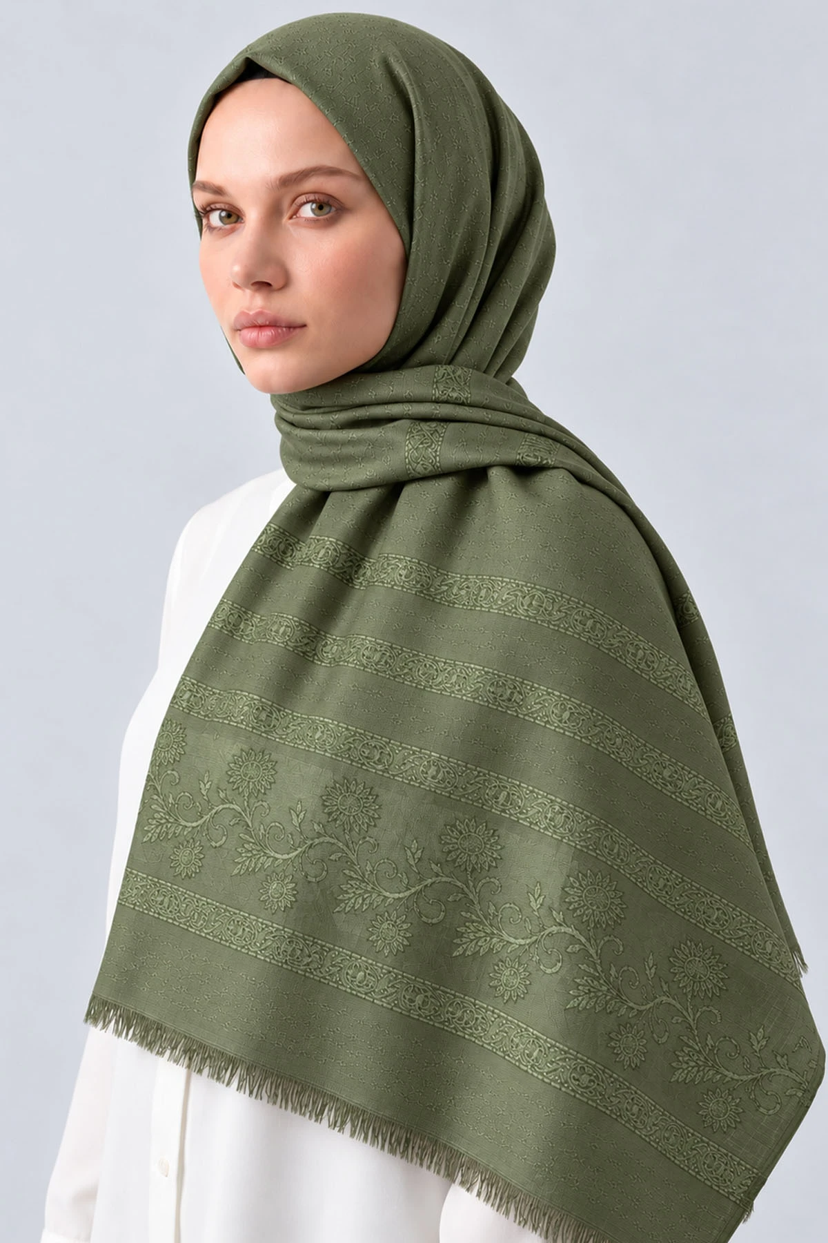 Haki 70x180 Cm Floral Premium Jakarlı Pamuk Şal 494057