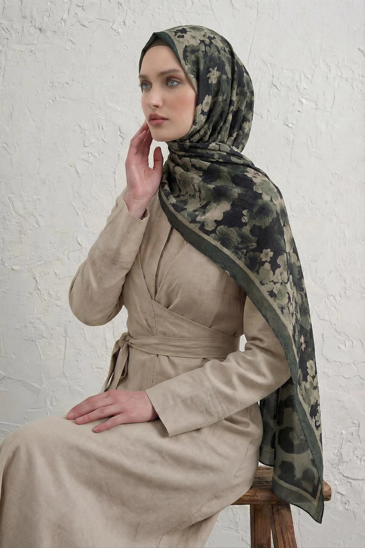Haki 75x180 Cm Our Fashion Dijital Baskılı Desenli Bambu Kraş Şal 408694