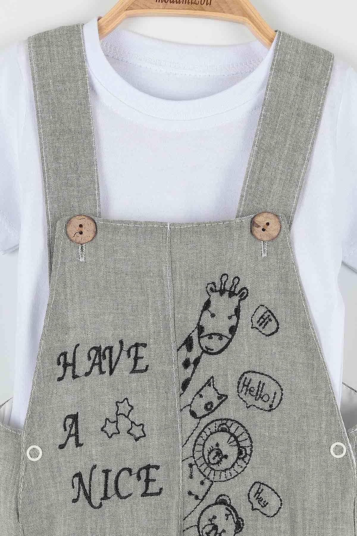Haki (9-24 Ay) Hayvan Nakışlı Düğmeli  Erkek  Bebe Takım 169453