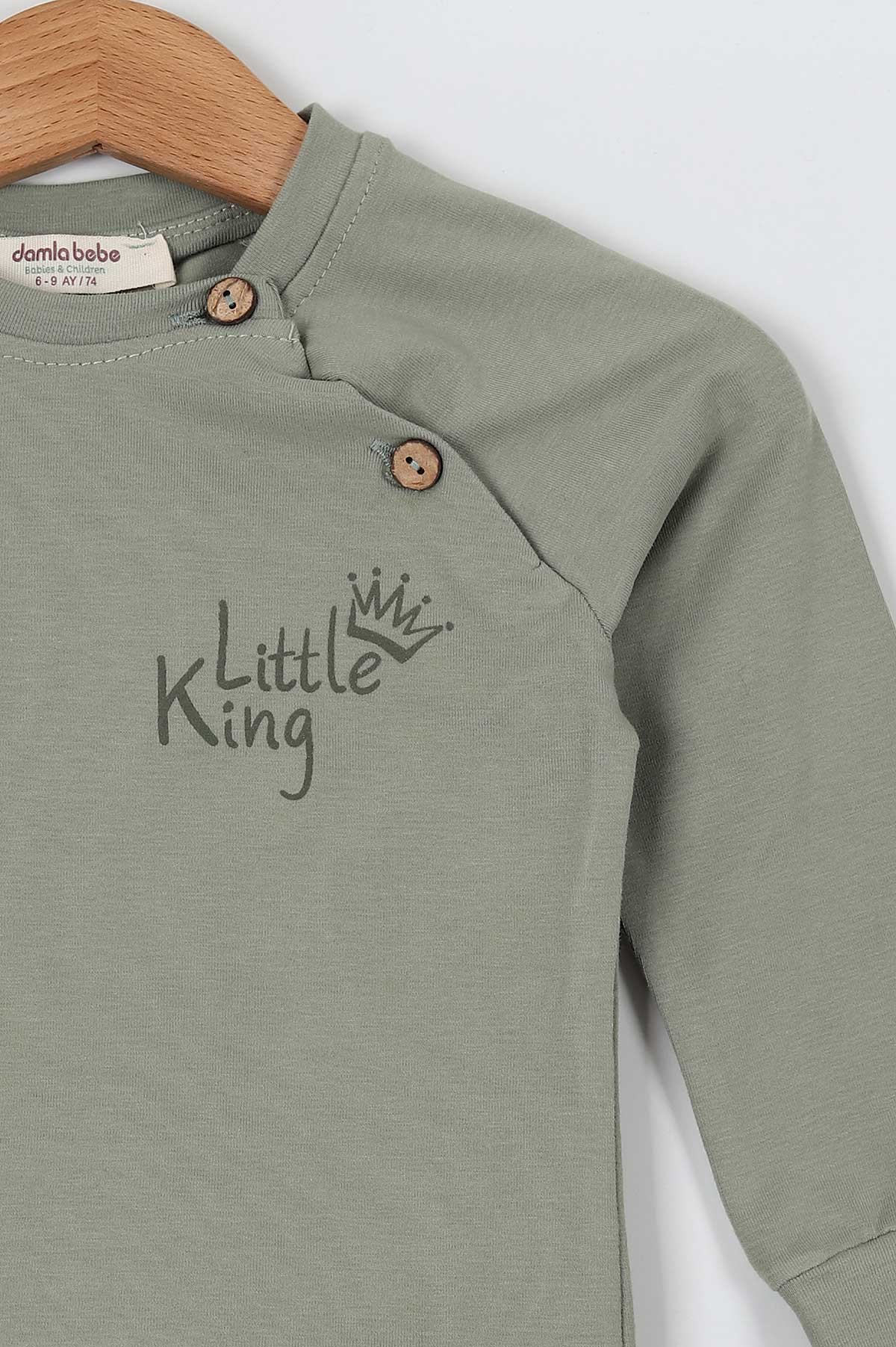 Haki (9-24 Ay) Little King Baskılı Düğmeli İkili Erkek Bebe Takım 199086