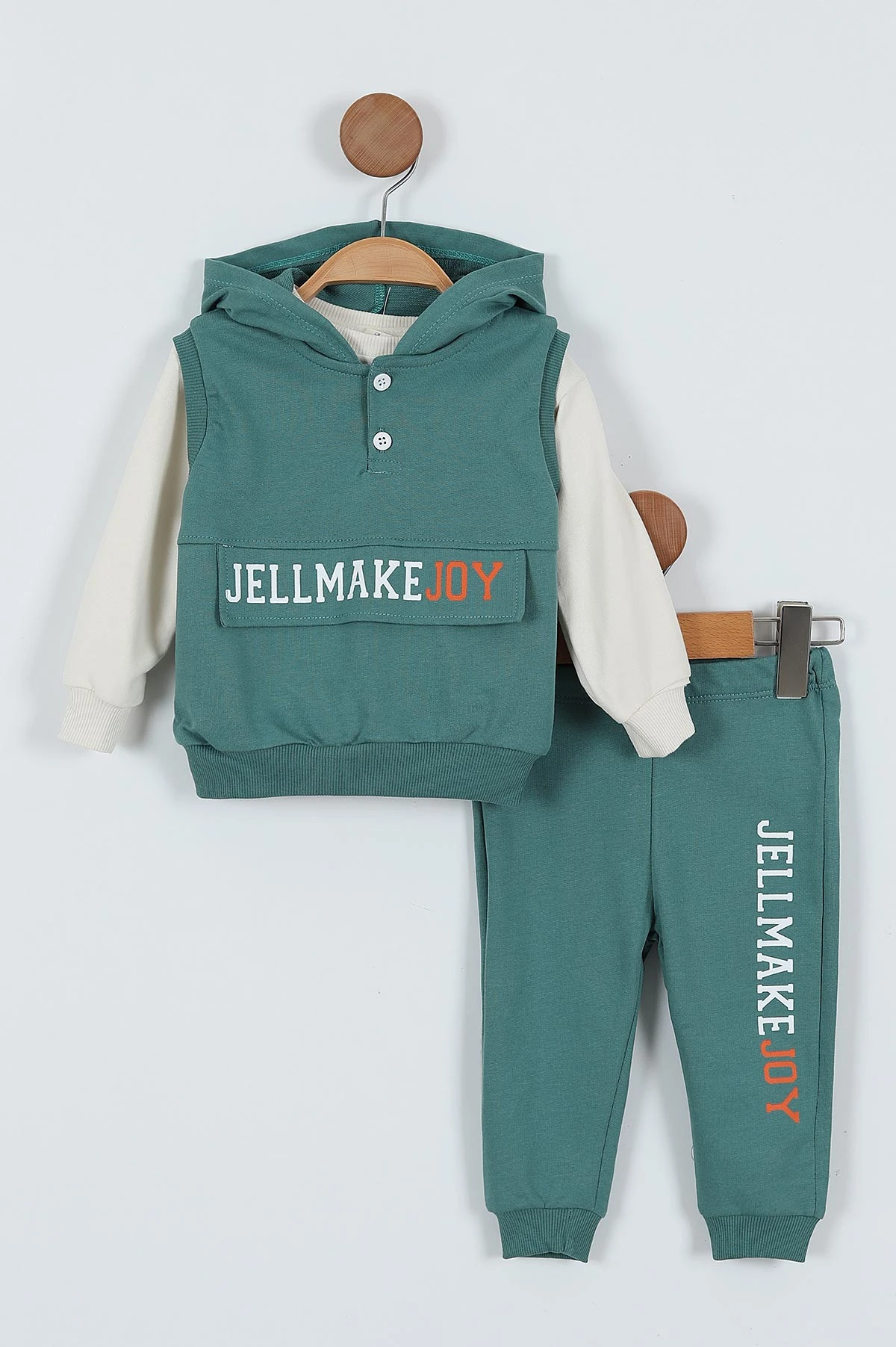 Haki (9-24 Ay)Kolsuz Kapüşonlu Sweatshirtlü Erkek Bebek Takım 345274