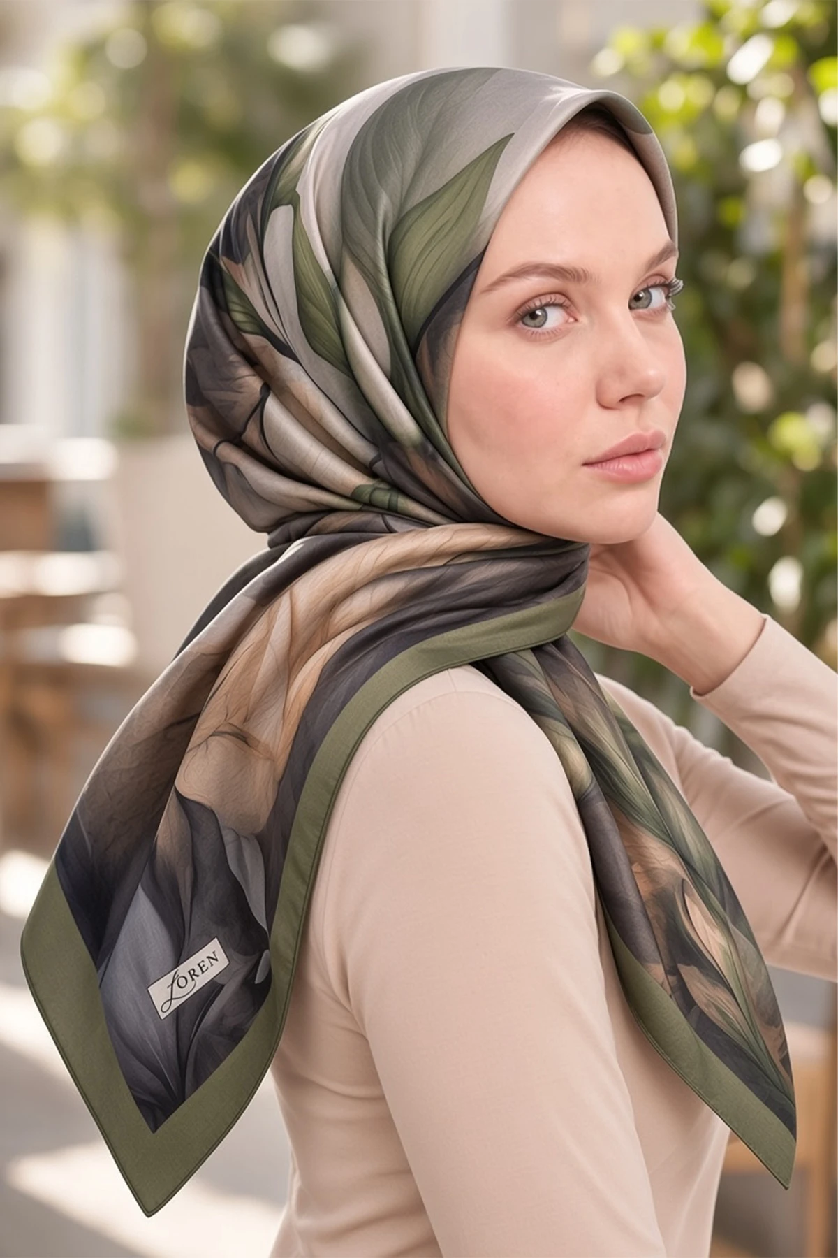 Haki 90x90 Cm Dijital Baskılı Botanica Desen Soft Eşarp 498467
