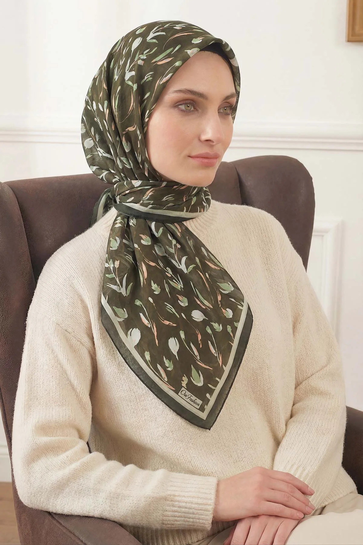Haki 90x90 Cm Dijital Baskılı Desenli Tülbent Eşarp 428557
