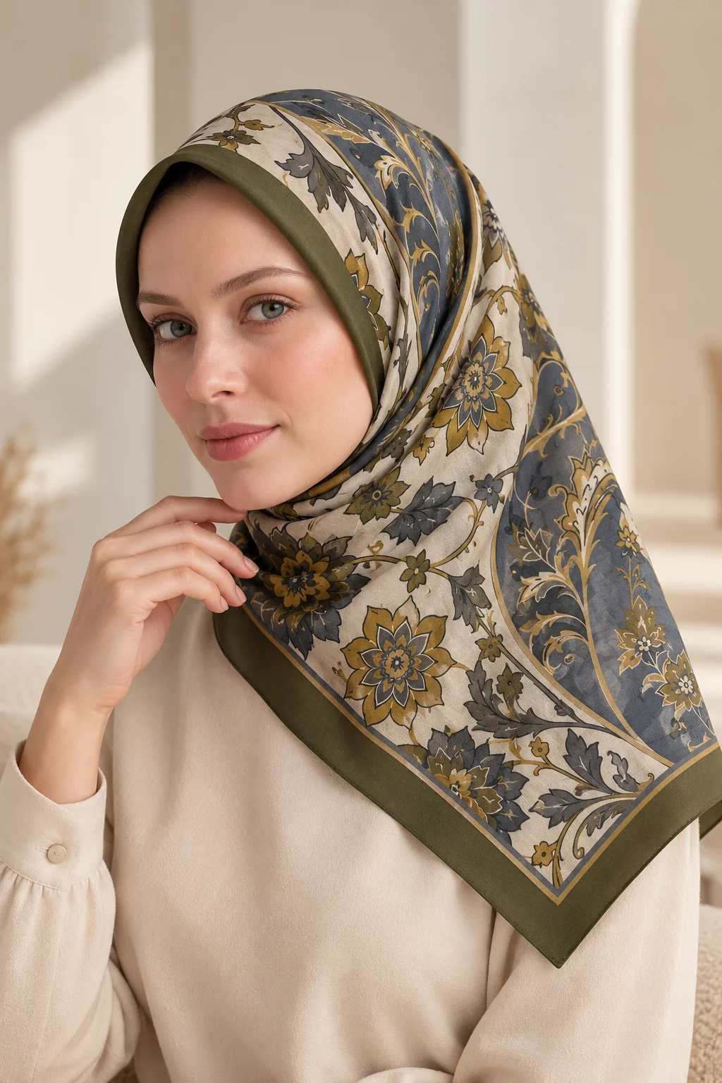 Haki 90x90 Cm Dijital Baskılı Heritage Desen Soft Eşarp 498572